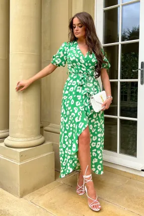 Farrah Green Leopard Print Frill Hem Maxi Dress