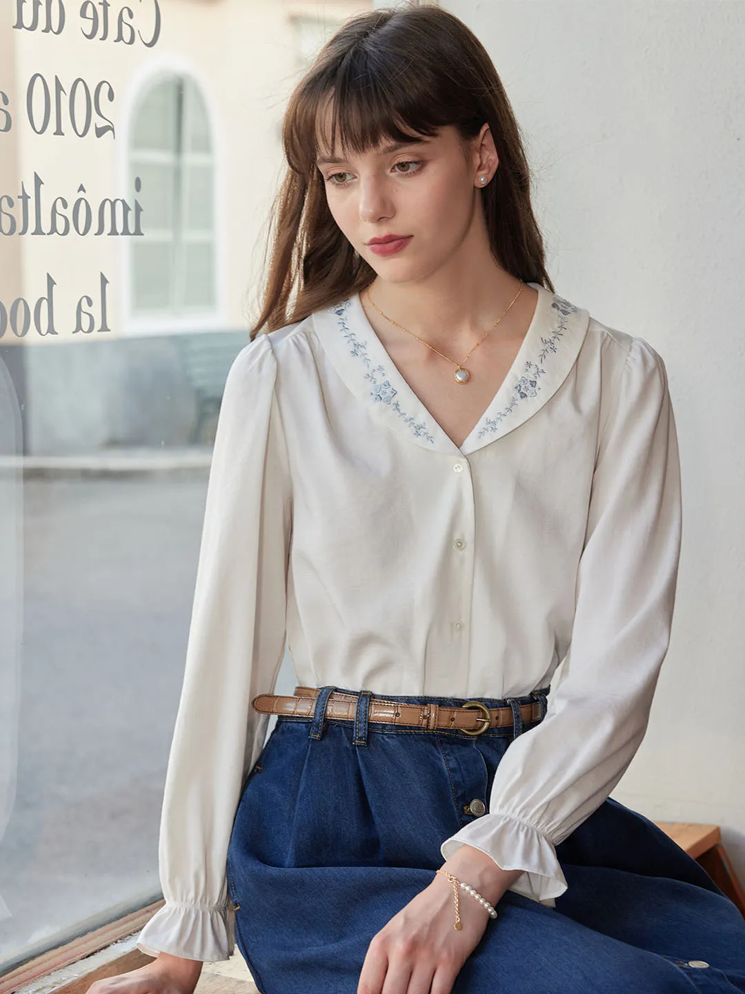 【Final Sale】Luella Sweet Embroidered Small Lapel Shirt