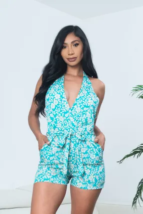 Floral Print Halter Neck Plunge Surplice V Neck Mini Shorts Romper with Sash Tied Waist & Slant Pockets in Turquoise (2935-154)