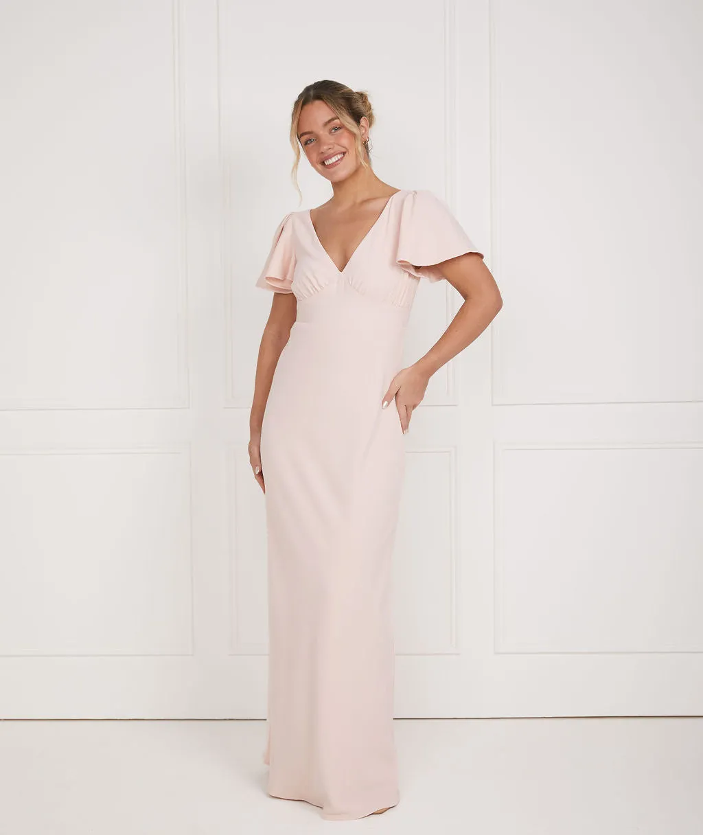 Flutter Sleeve V Neck Plunge Crepe Bridesmaid Dress - Blush