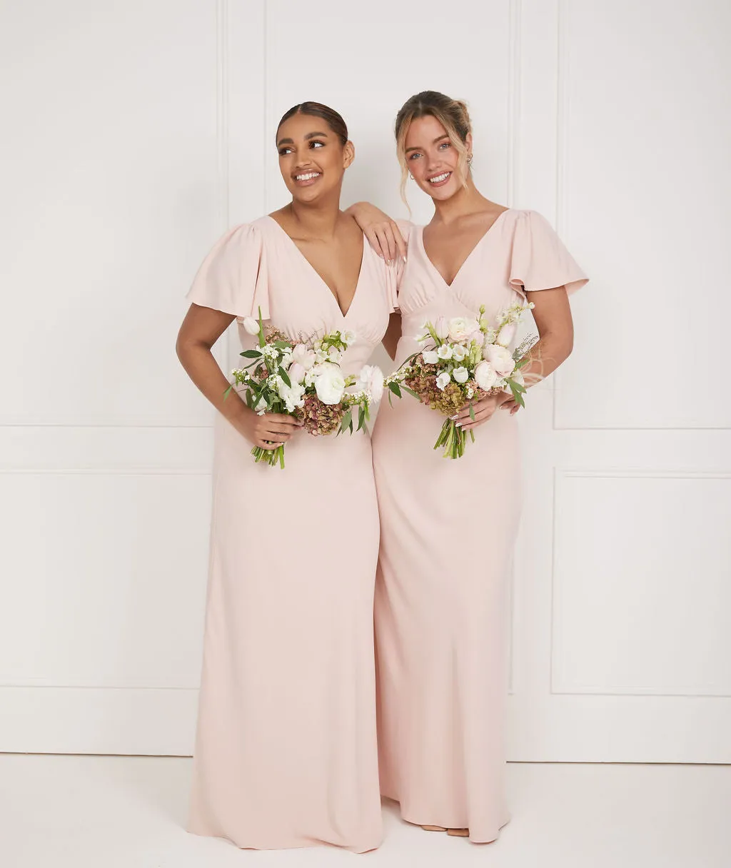 Flutter Sleeve V Neck Plunge Crepe Bridesmaid Dress - Blush