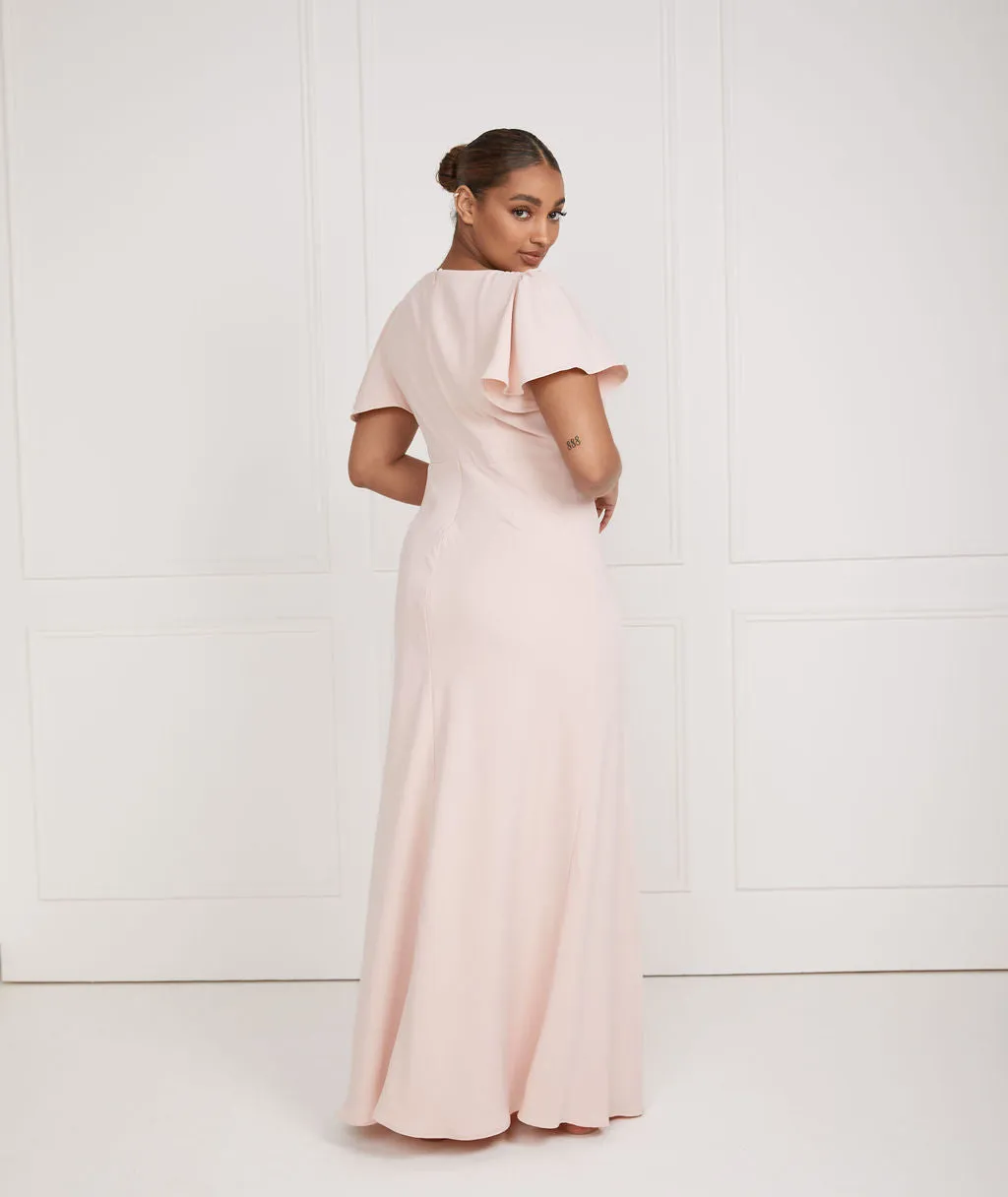 Flutter Sleeve V Neck Plunge Crepe Bridesmaid Dress - Blush