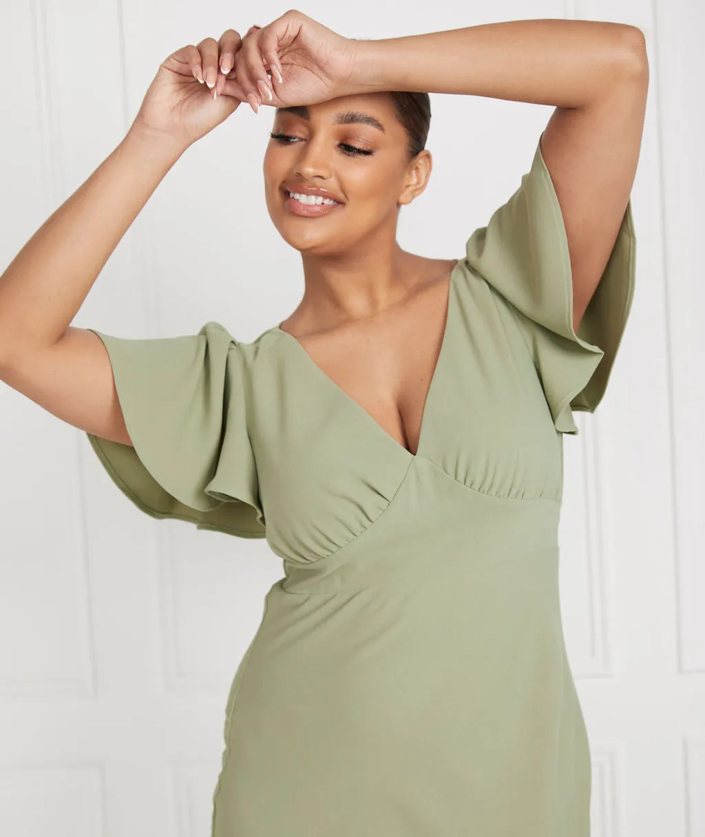 Flutter Sleeve V Neck Plunge Crepe Bridesmaid Dress - Sage