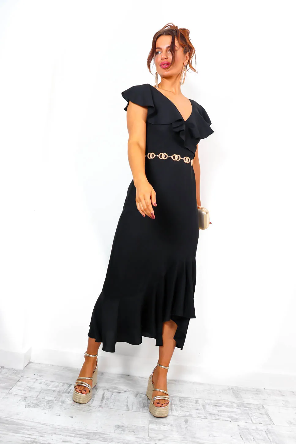 For The Frill - Black Belted Frill Hem Midi Dress