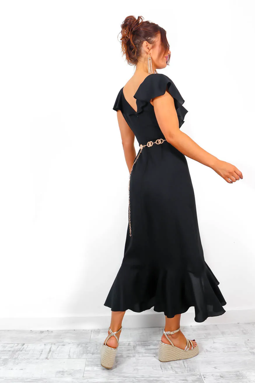 For The Frill - Black Belted Frill Hem Midi Dress