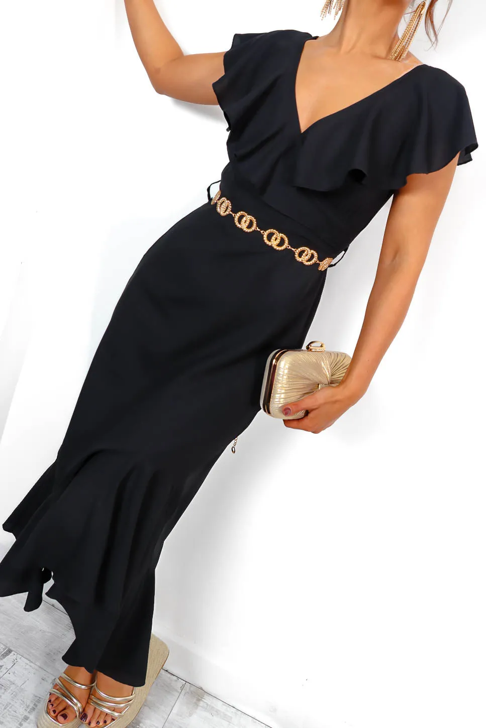 For The Frill - Black Belted Frill Hem Midi Dress