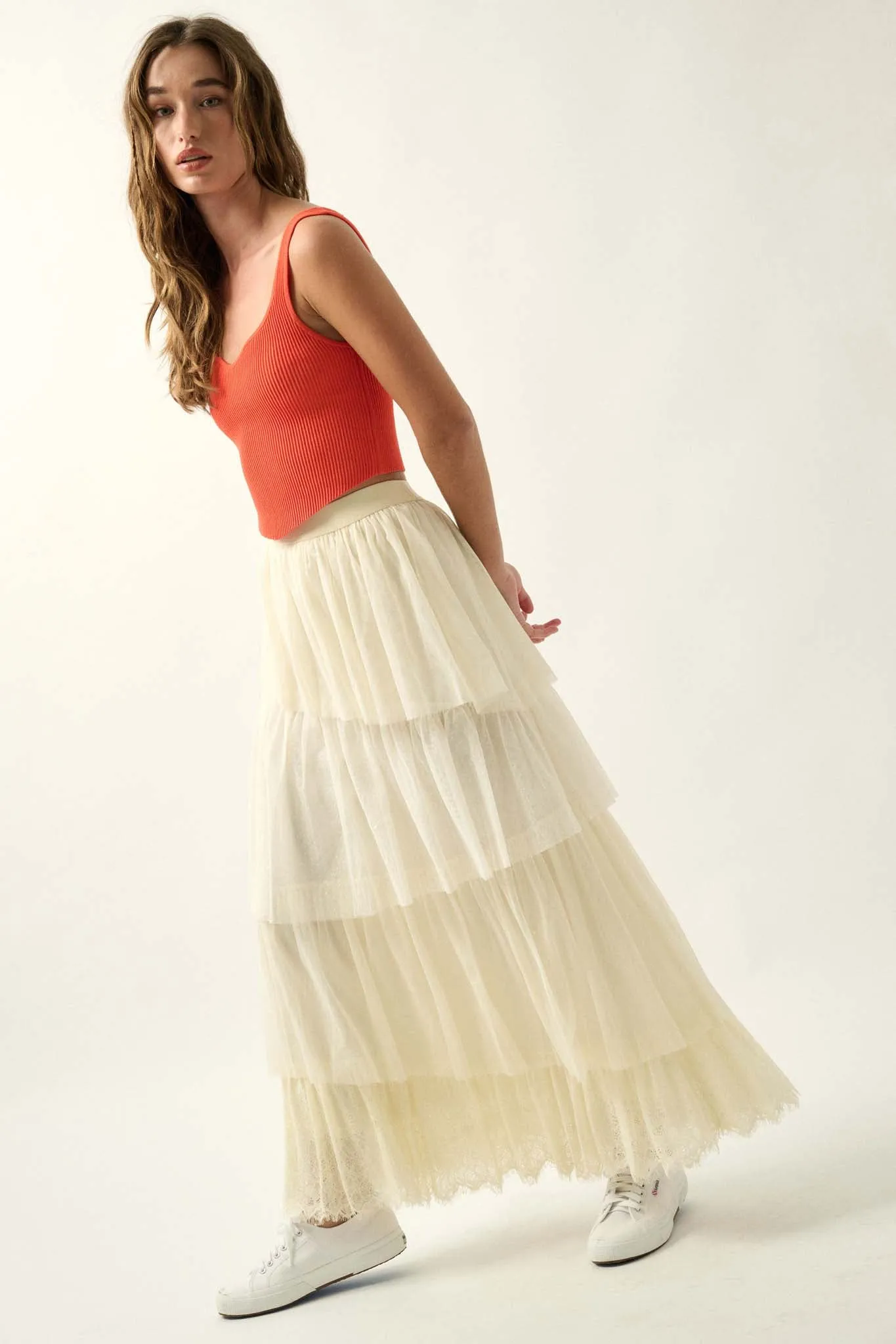 Frilly Flirt Asymmetrical Tiered Ruffle Maxi Skirt