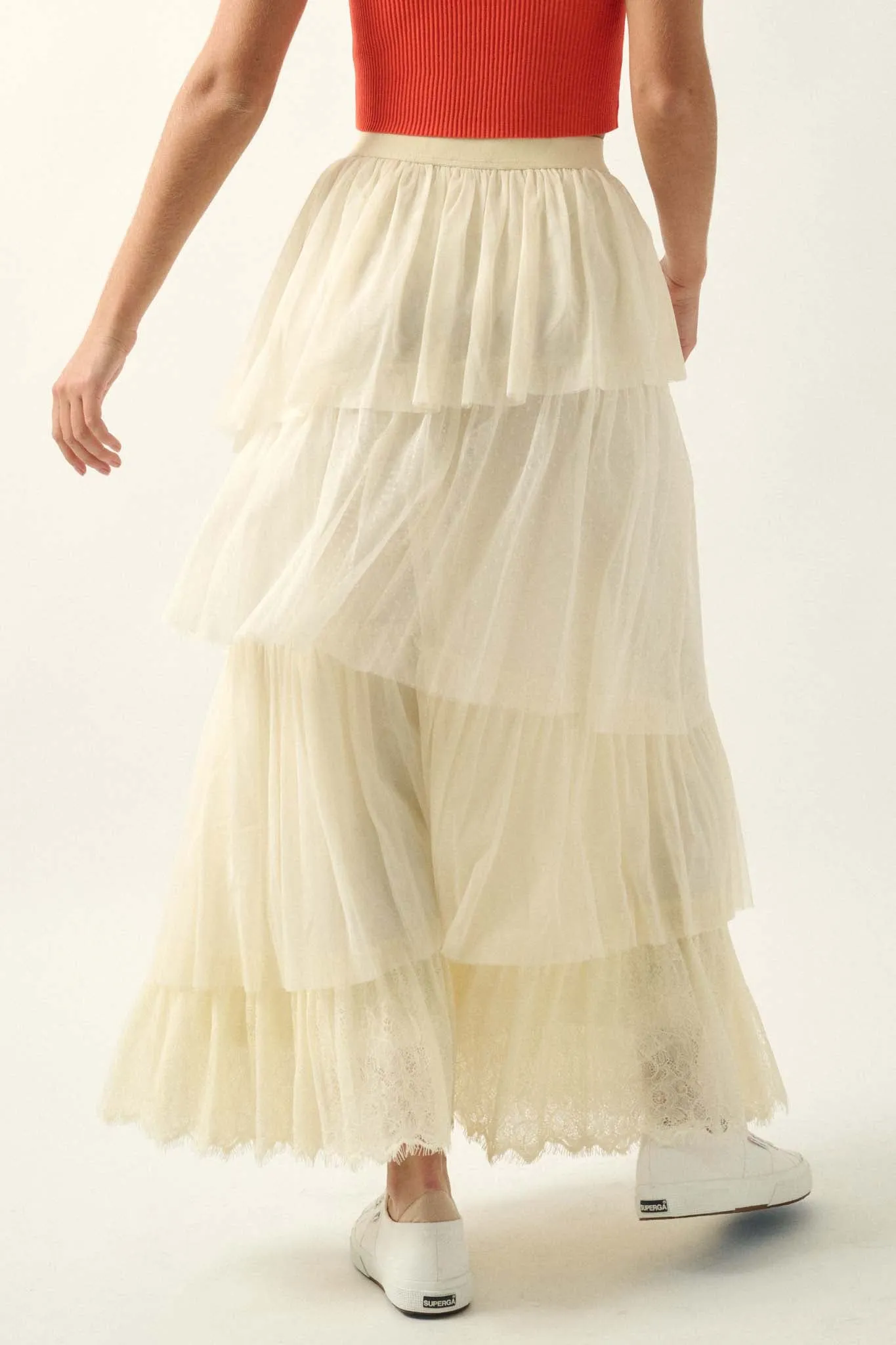 Frilly Flirt Asymmetrical Tiered Ruffle Maxi Skirt