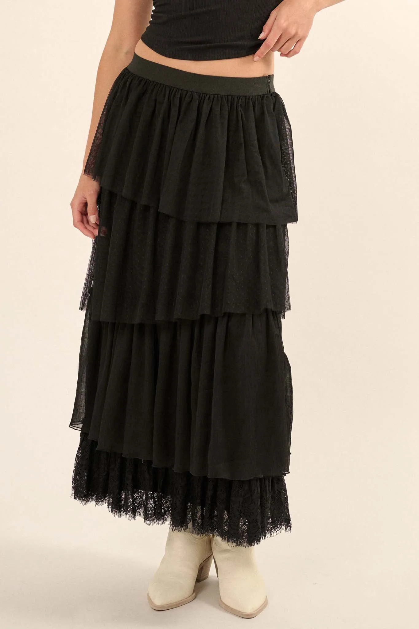 Frilly Flirt Asymmetrical Tiered Ruffle Maxi Skirt