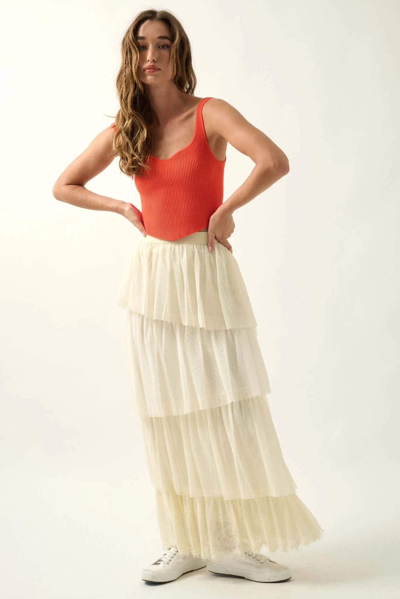 Frilly Flirt Asymmetrical Tiered Ruffle Maxi Skirt