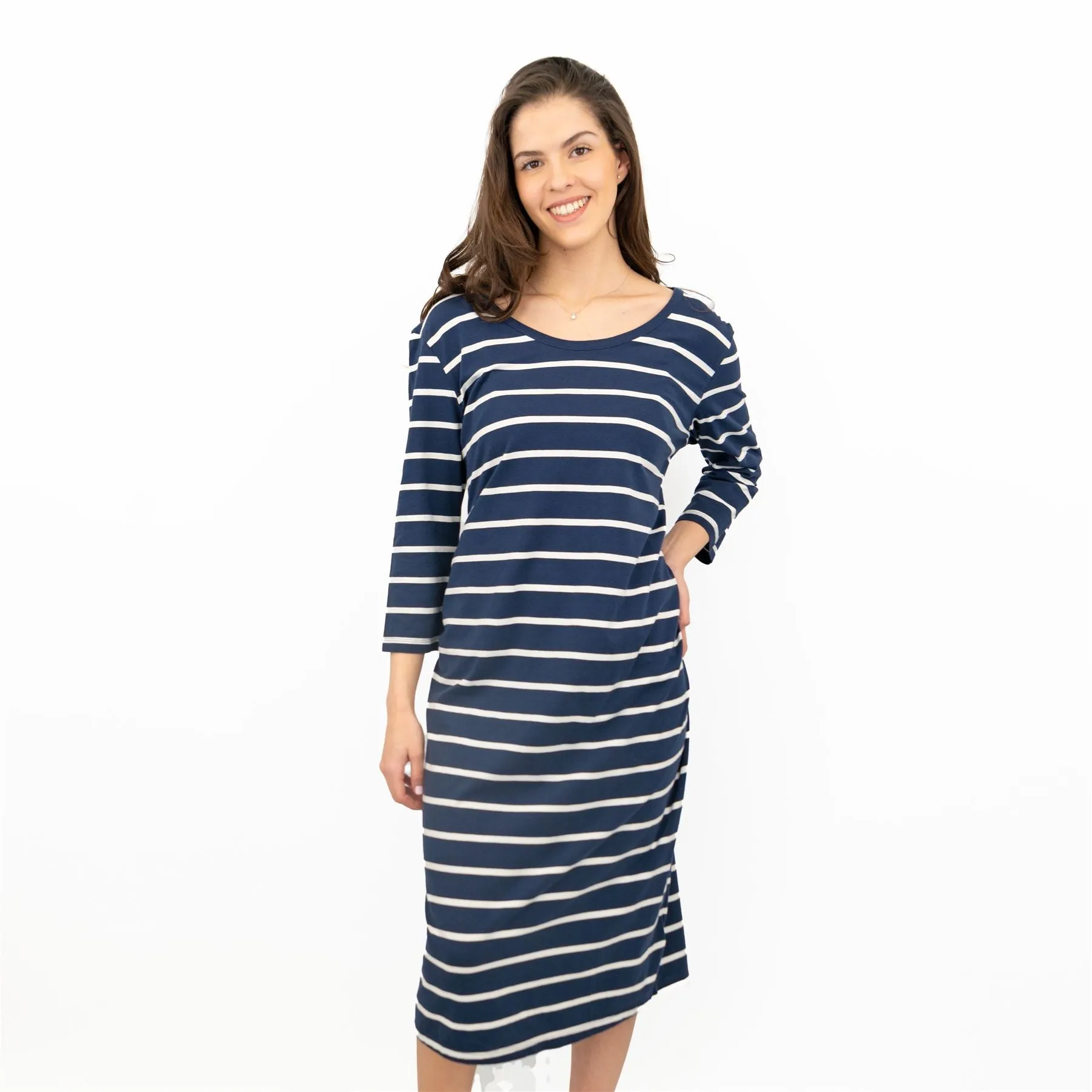 Frugi Erin for Maternity 3/4 Sleeve Navy Striped Midi Soft Jersey Dresses