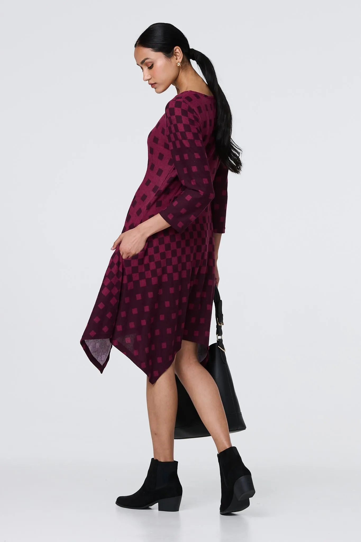 Geo Print Hanky Hem Long Sleeve Midi Dress