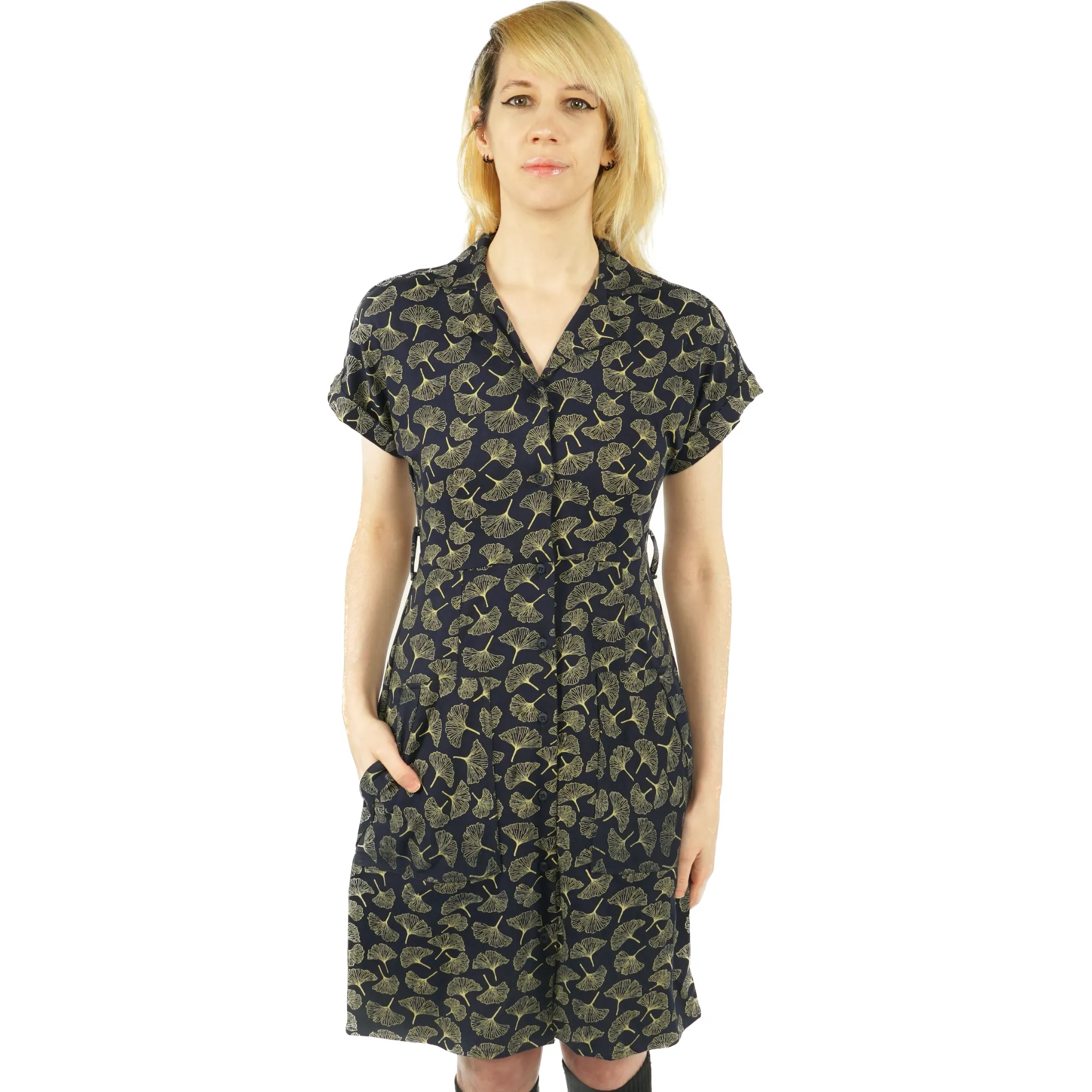 Ginkgo Leaves Belted Shirt Dress