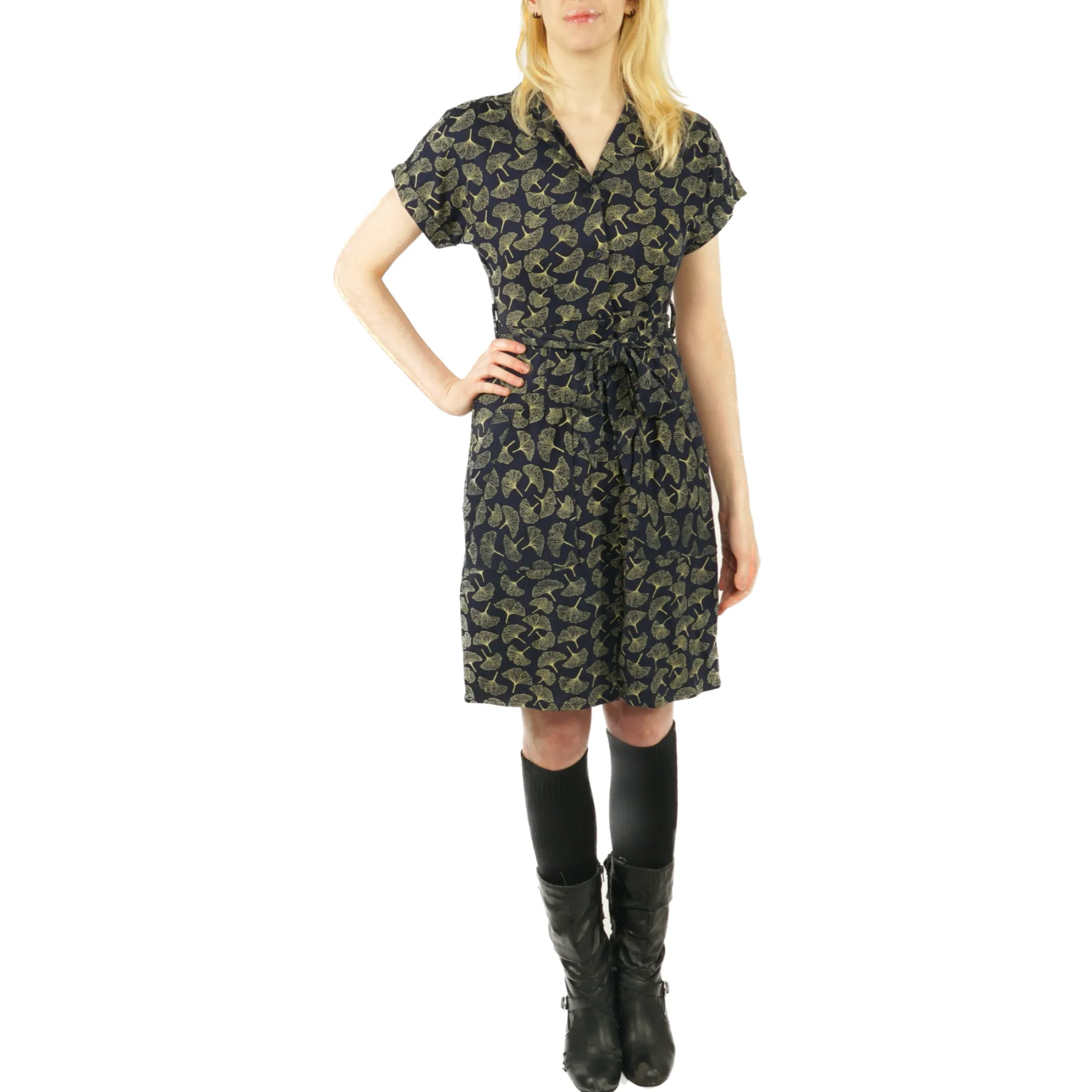 Ginkgo Leaves Belted Shirt Dress