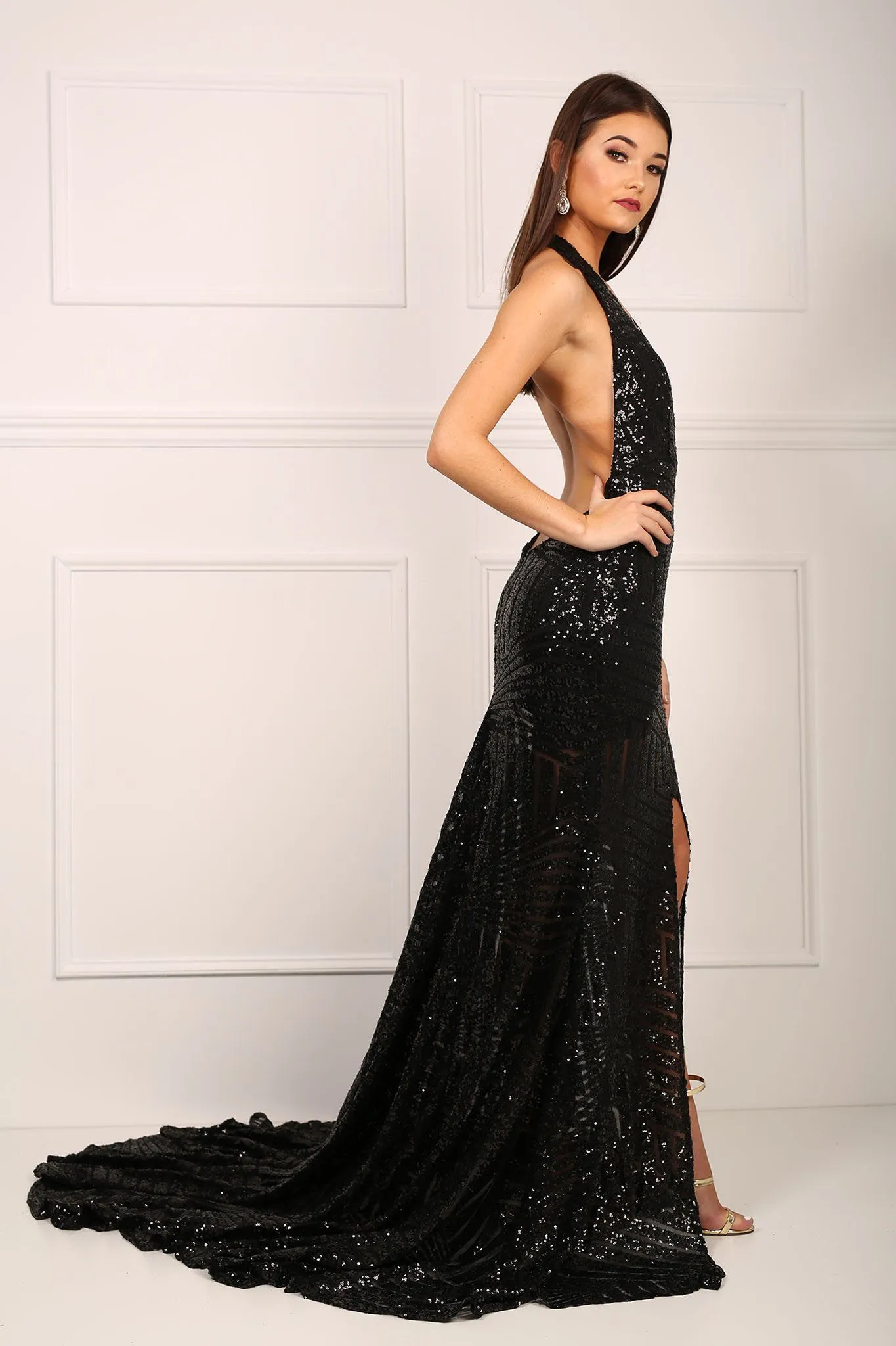 Goddess Geometric Sequin Gown - Black