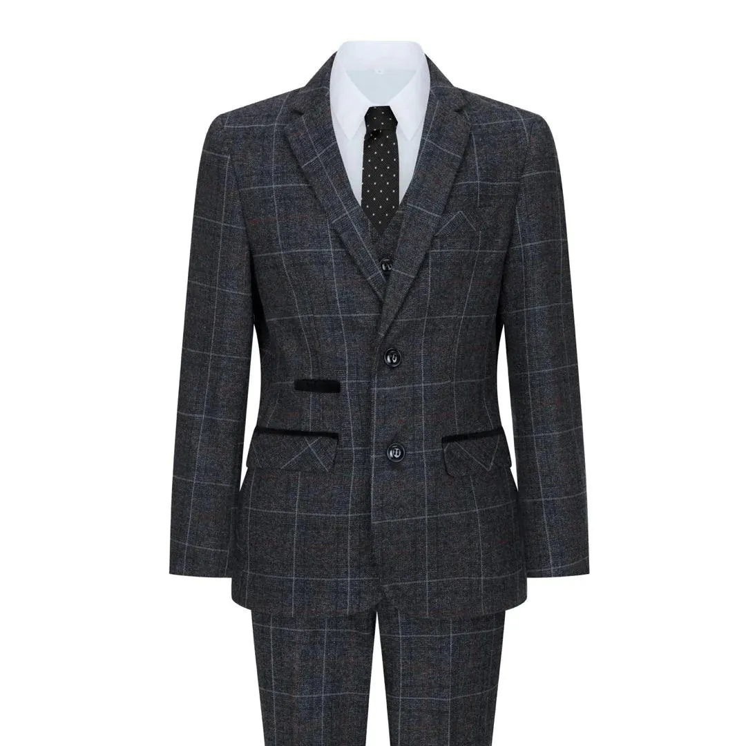 Harvey - Men's Boys Grey Black 3 Piece Tweed Suit Herringbone Wine Check