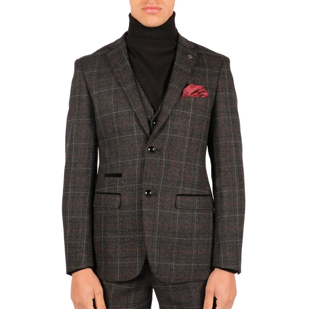 Harvey - Men's Boys Grey Black 3 Piece Tweed Suit Herringbone Wine Check