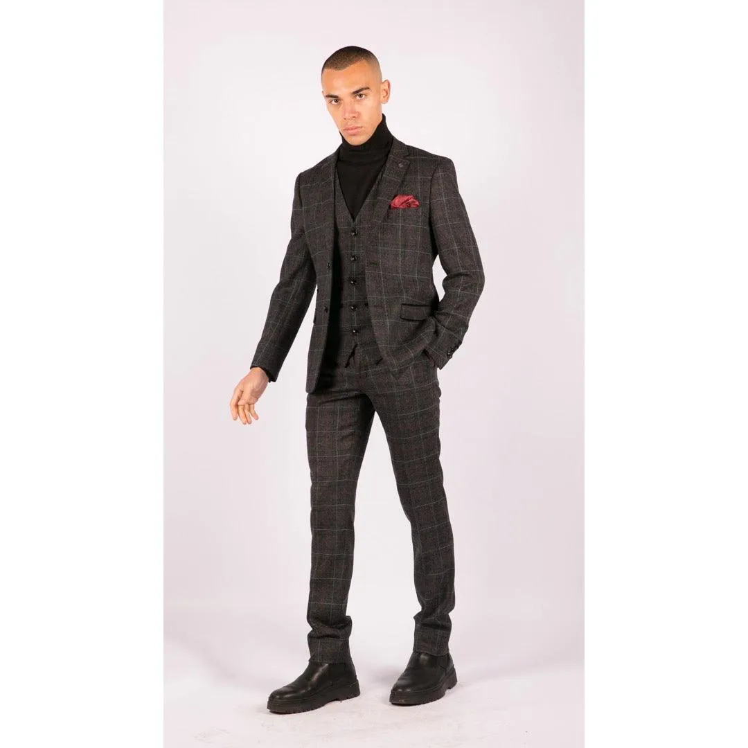 Harvey - Men's Boys Grey Black 3 Piece Tweed Suit Herringbone Wine Check