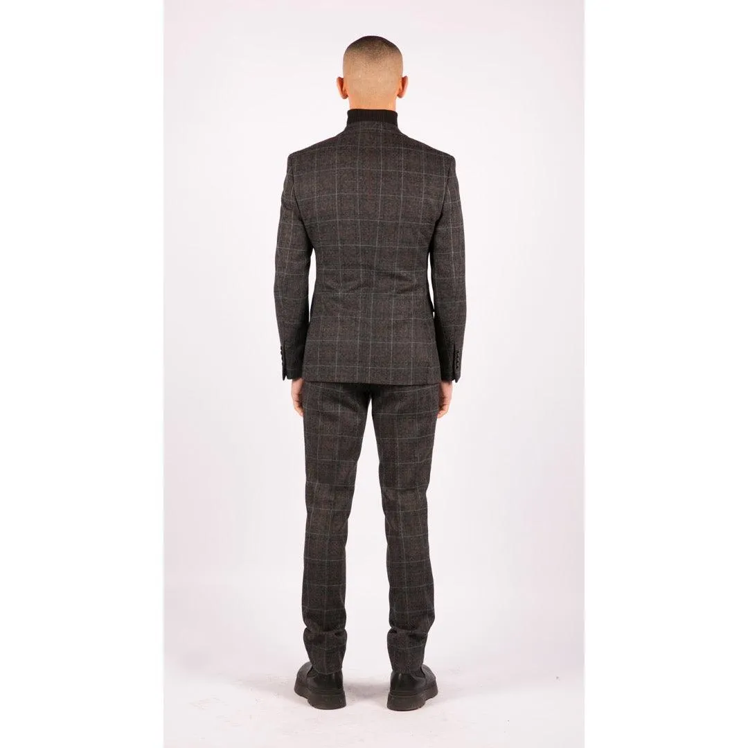 Harvey - Men's Boys Grey Black 3 Piece Tweed Suit Herringbone Wine Check