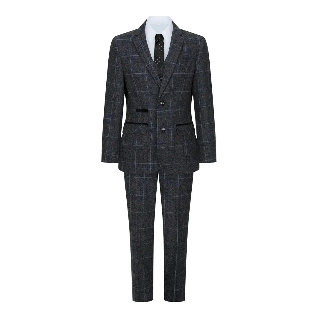 Harvey - Men's Boys Grey Black 3 Piece Tweed Suit Herringbone Wine Check