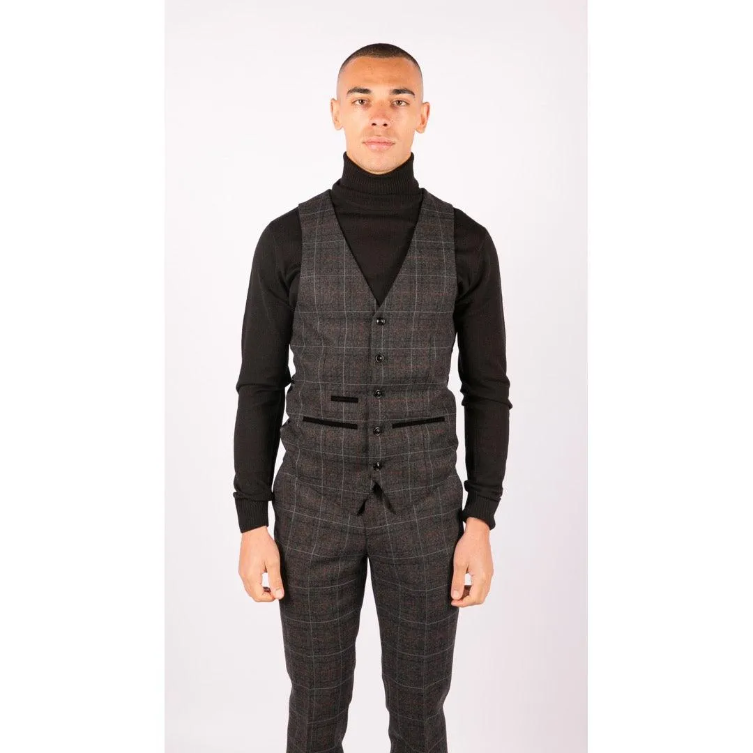 Harvey - Men's Boys Grey Black 3 Piece Tweed Suit Herringbone Wine Check