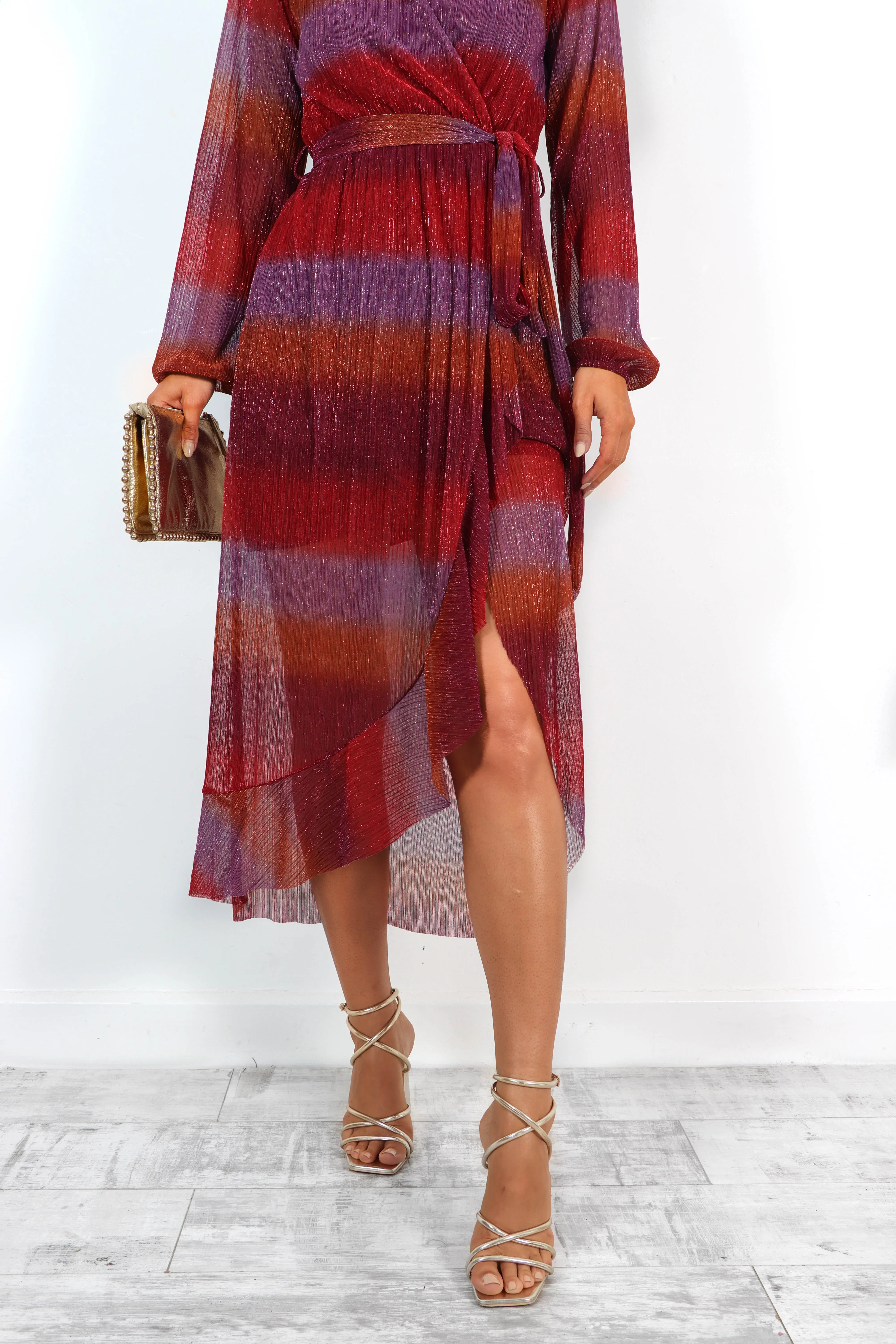 Heart On Your Sleeve - Red Stripe Multi Lurex Midi Wrap Dress