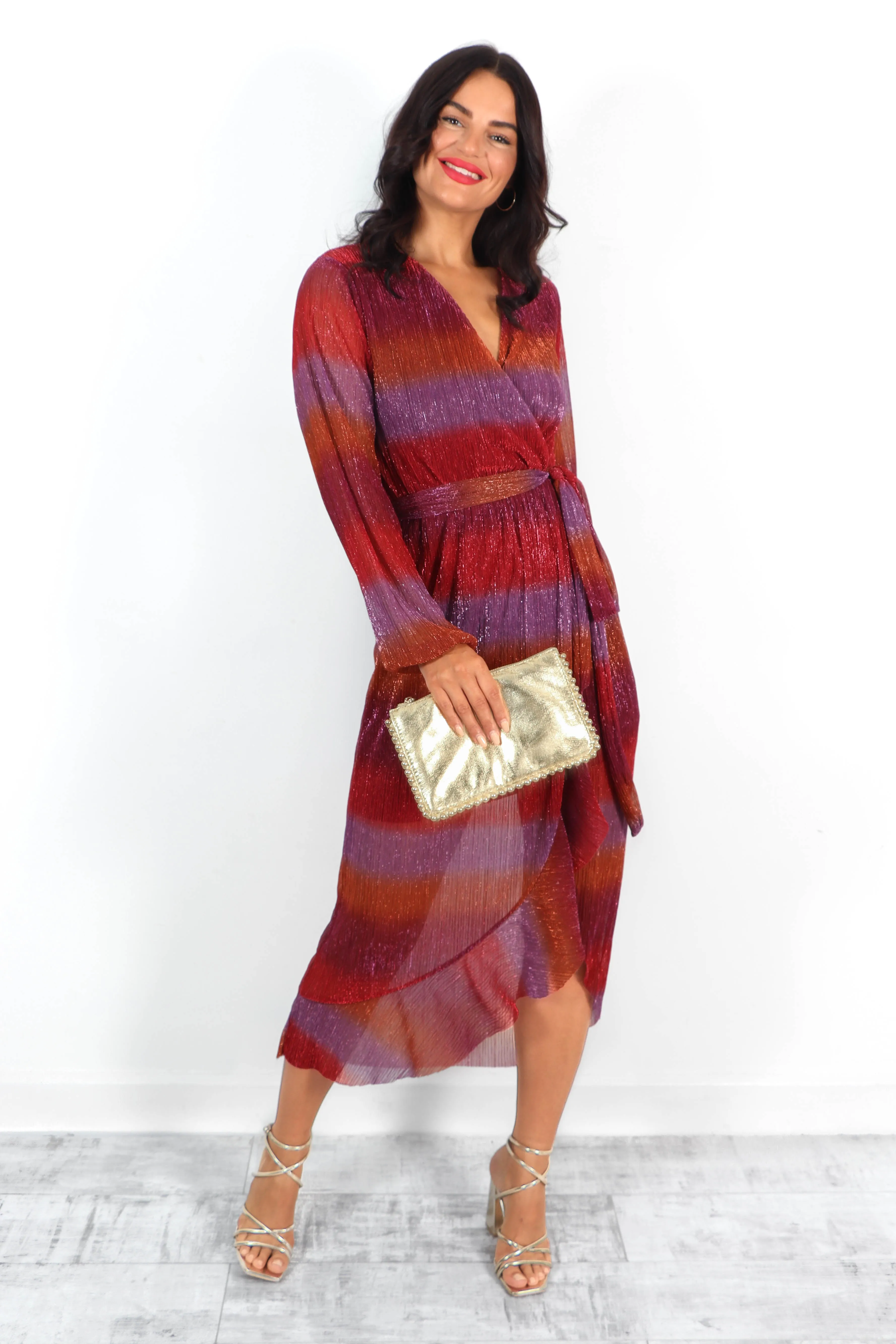 Heart On Your Sleeve - Red Stripe Multi Lurex Midi Wrap Dress