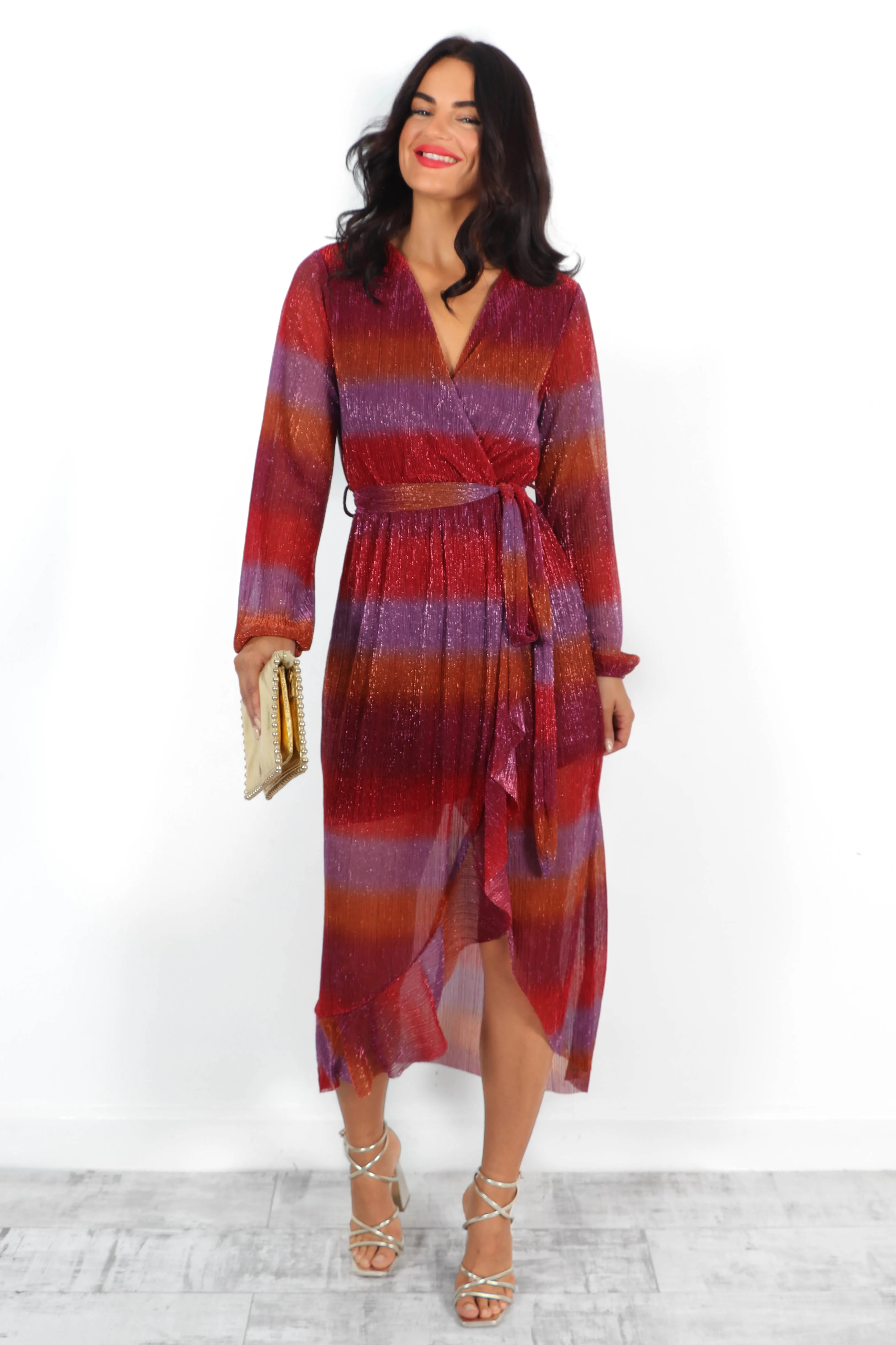 Heart On Your Sleeve - Red Stripe Multi Lurex Midi Wrap Dress