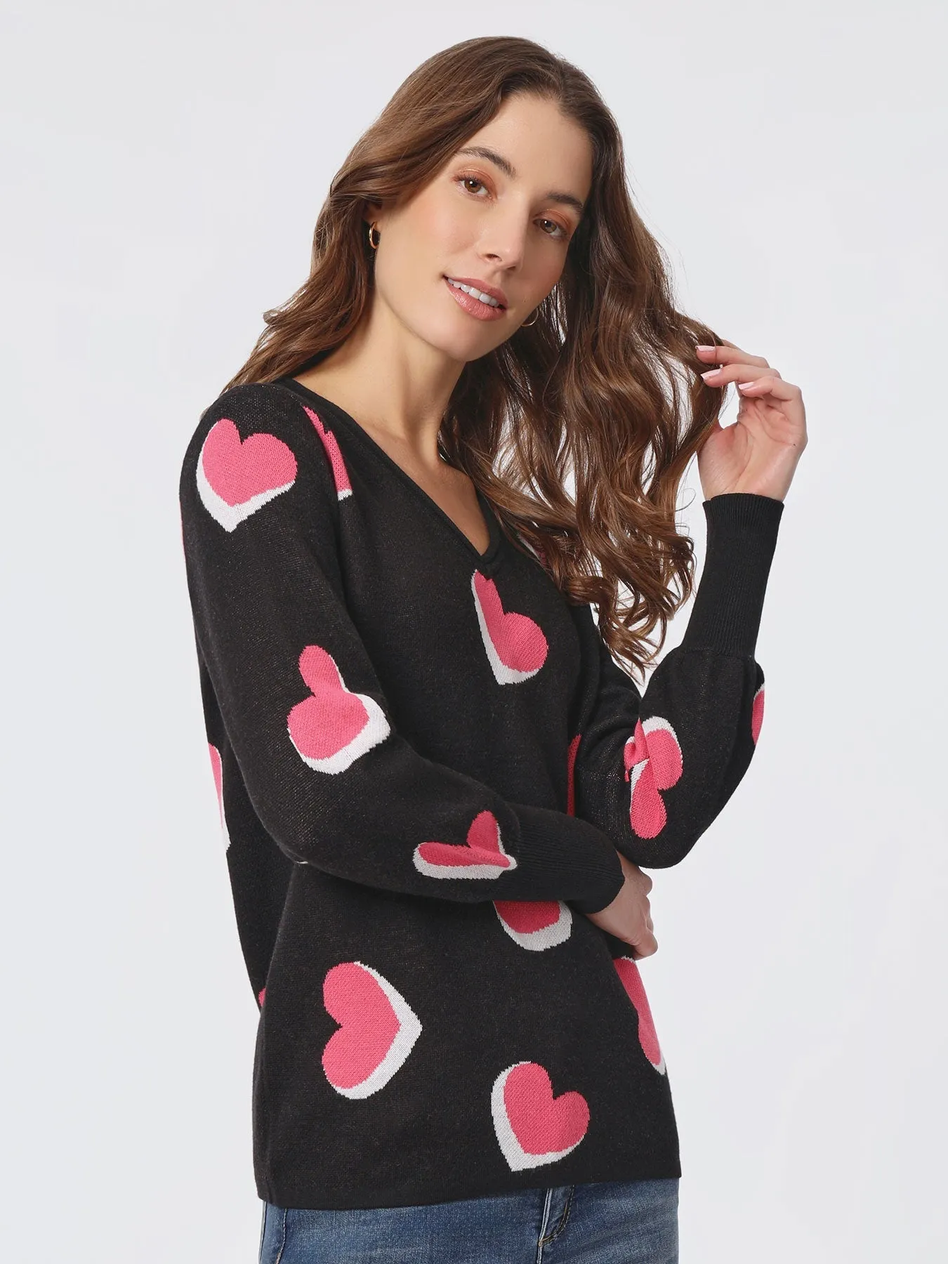 Heart Shape V-Neck Puff Sleeve Sweater