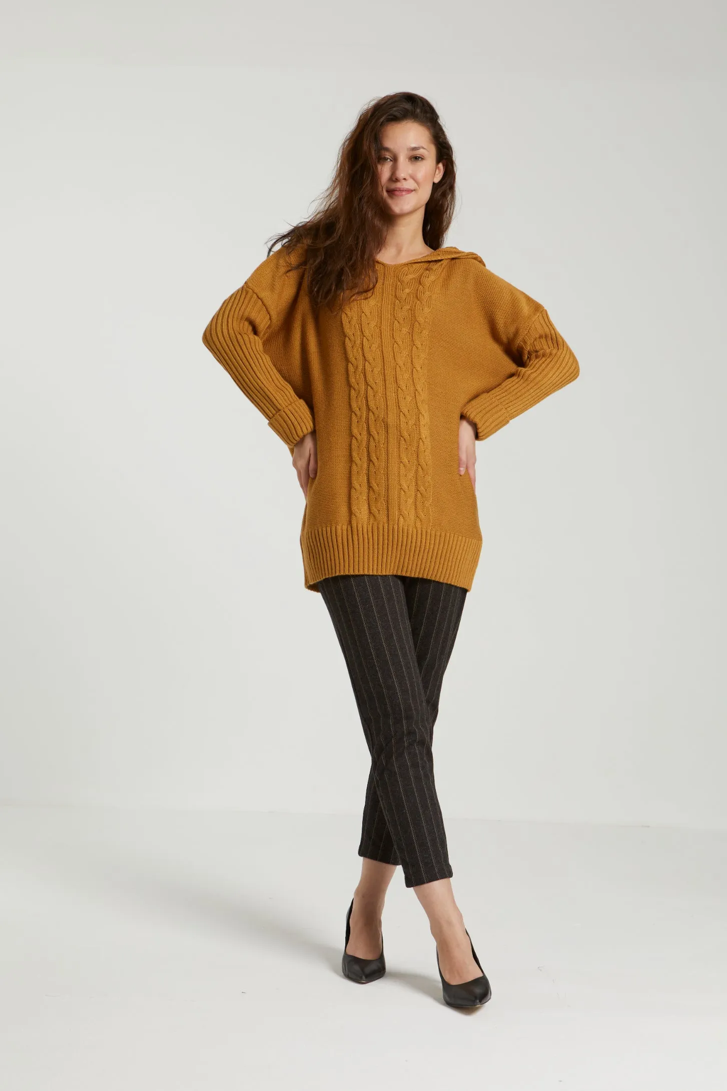 HOODED CABLE KNIT SWEATER - MUSTARD