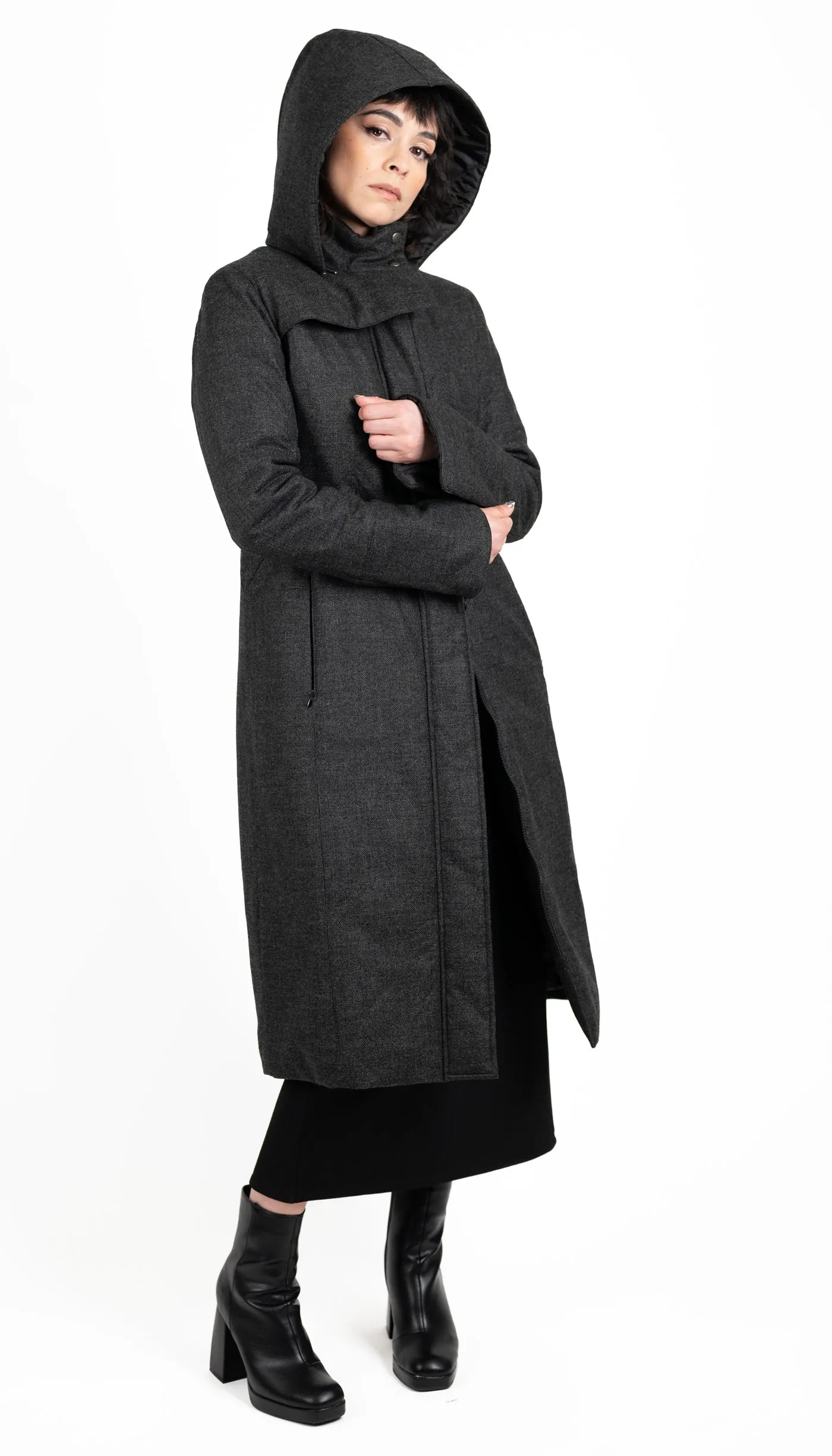 Hooded Mock Neck Zip Maxi Coat w/ Thinsulate Quilted Liner/ Charocal Storm Wool