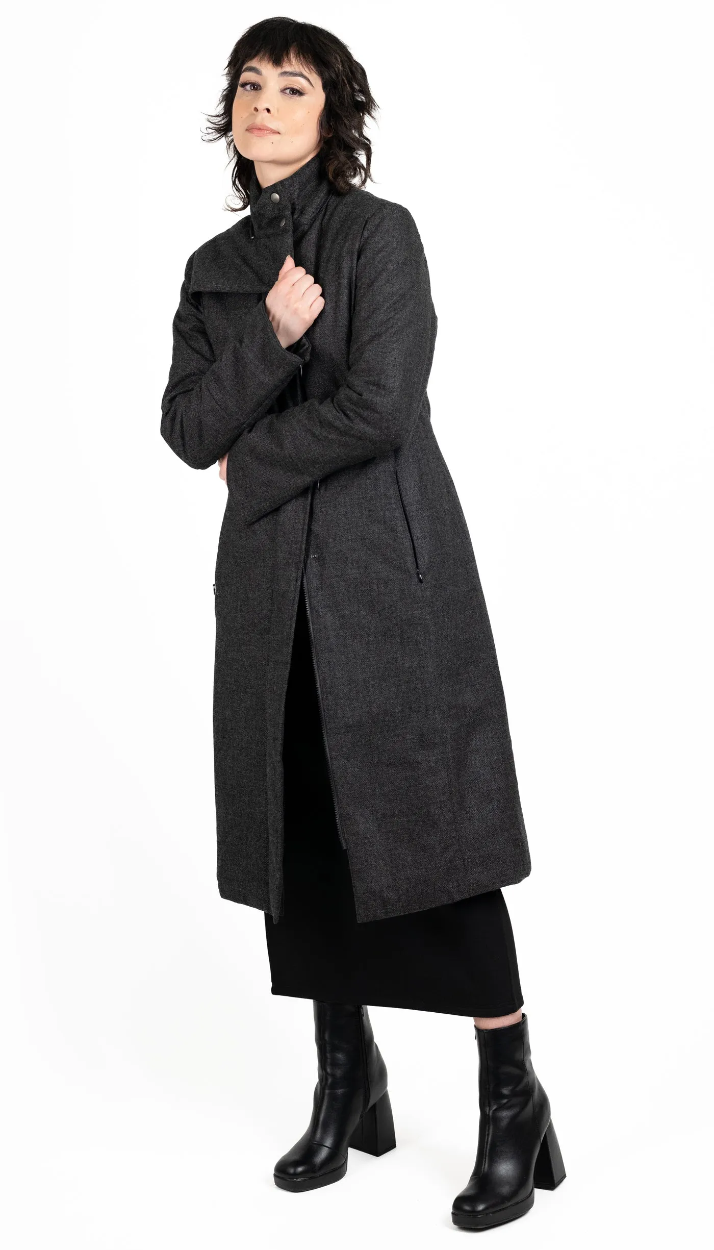 Hooded Mock Neck Zip Maxi Coat w/ Thinsulate Quilted Liner/ Charocal Storm Wool