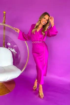 In Your Satin Dreams - Magenta Plunge Midi Dress