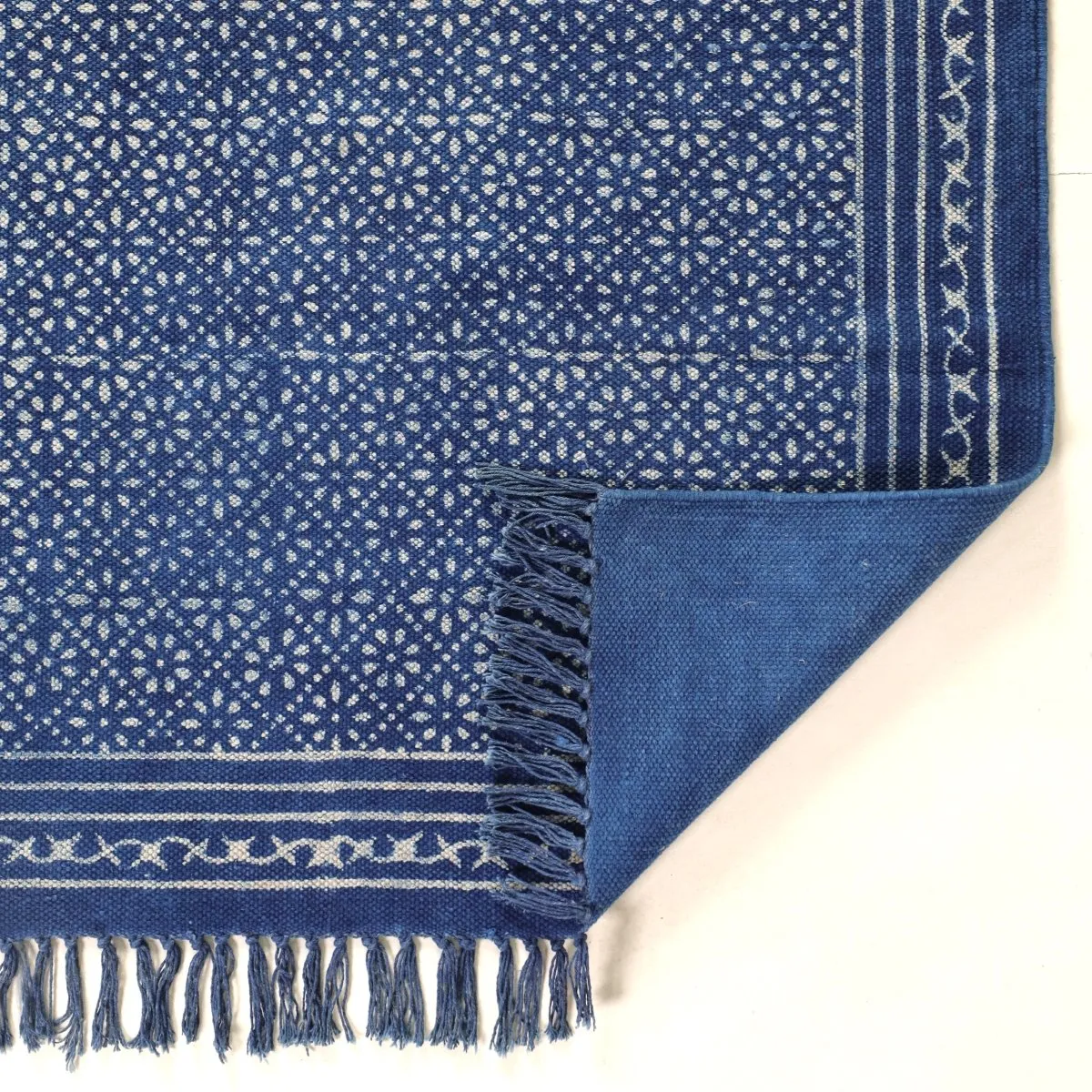 Indigo Cotton Block Printed Rug In 3 x 5 ft | Lattice Print | Handcrafted In India