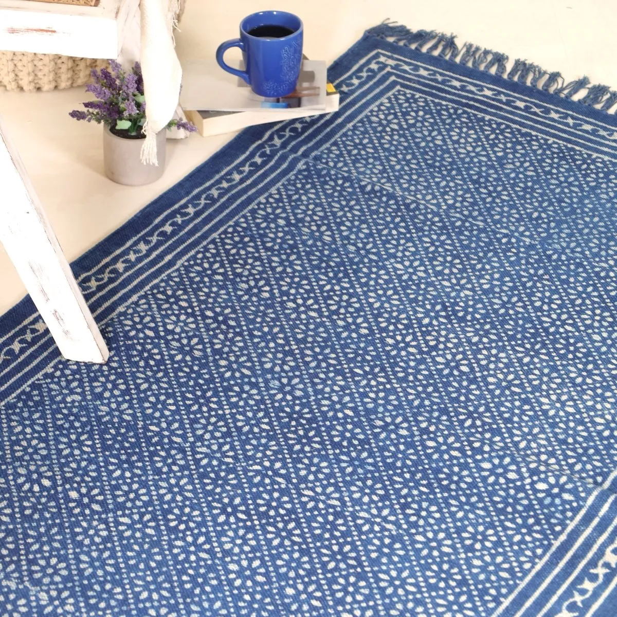 Indigo Cotton Block Printed Rug In 3 x 5 ft | Lattice Print | Handcrafted In India