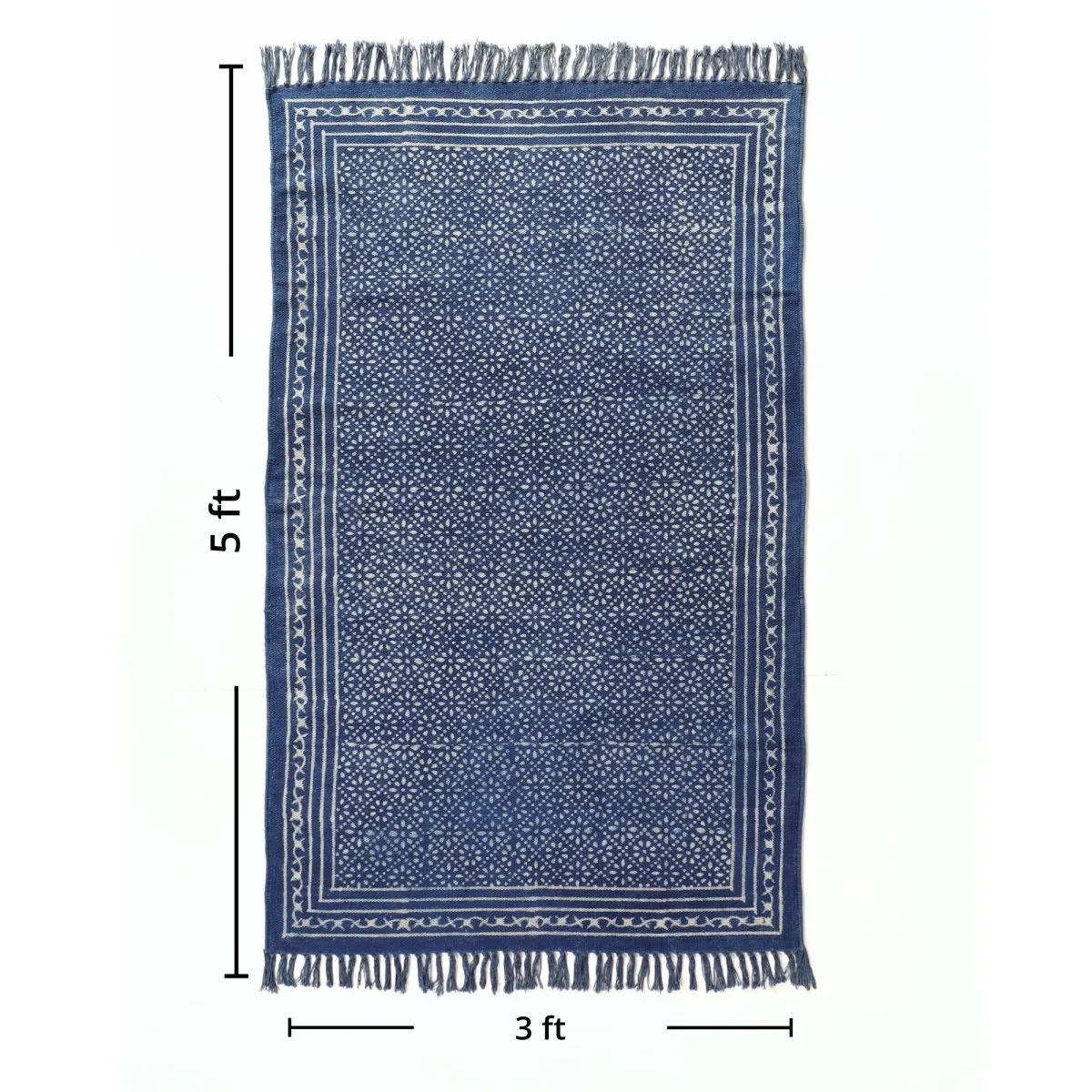 Indigo Cotton Block Printed Rug In 3 x 5 ft | Lattice Print | Handcrafted In India