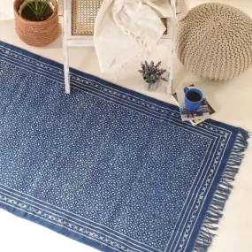 Indigo Cotton Block Printed Rug In 3 x 5 ft | Lattice Print | Handcrafted In India