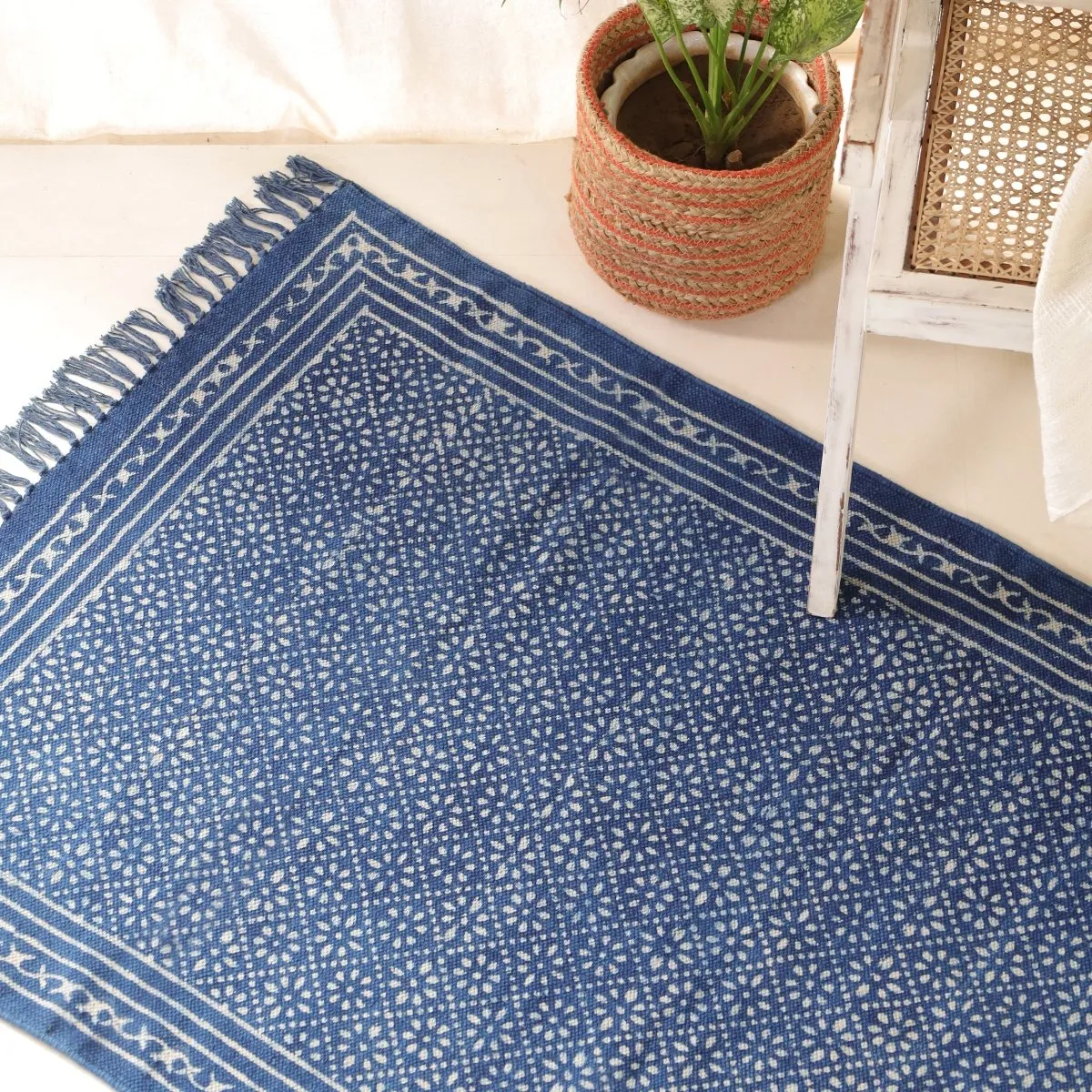 Indigo Cotton Block Printed Rug In 3 x 5 ft | Lattice Print | Handcrafted In India