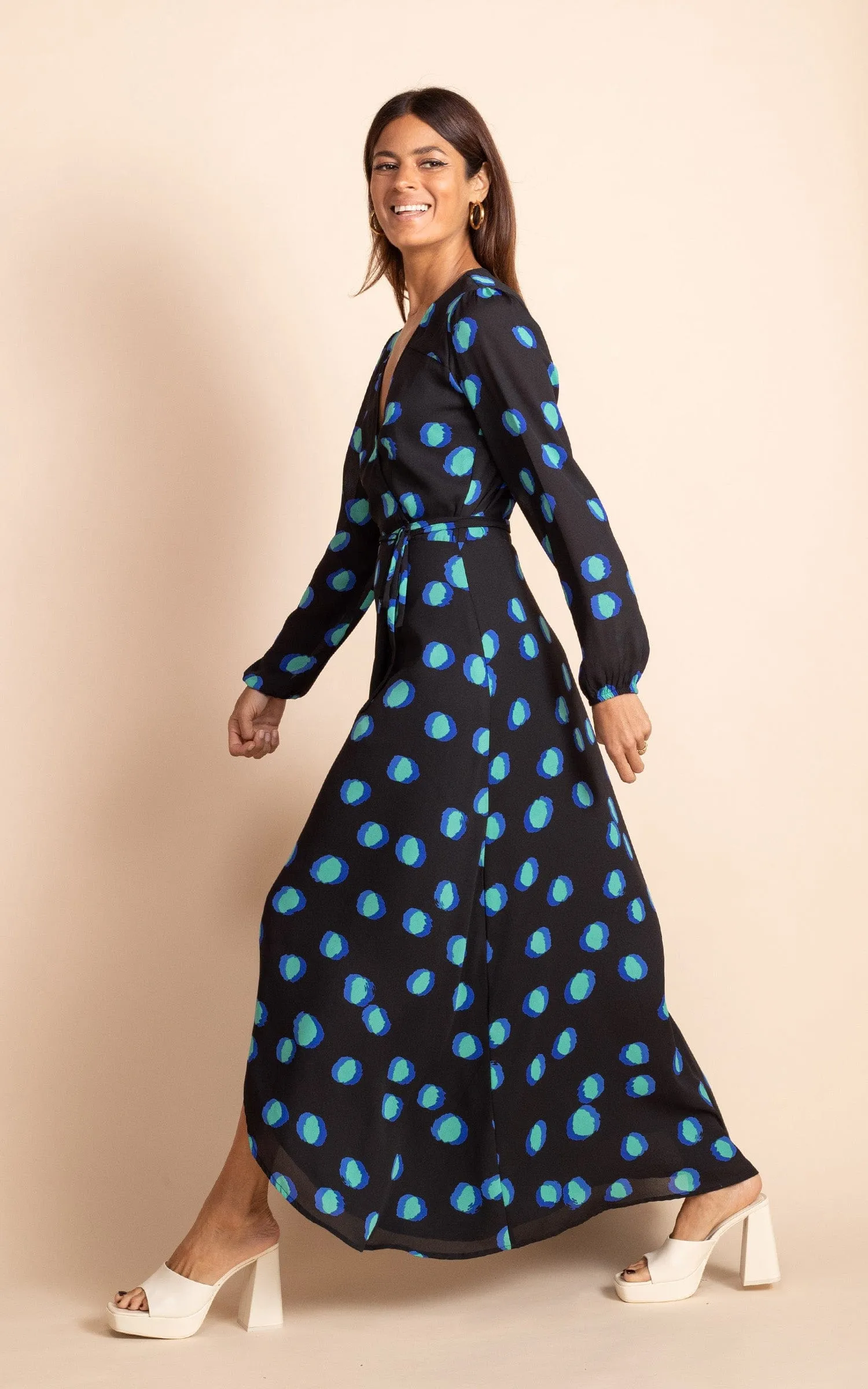 Jagger Maxi Dress in Polka Dot Blue on Black