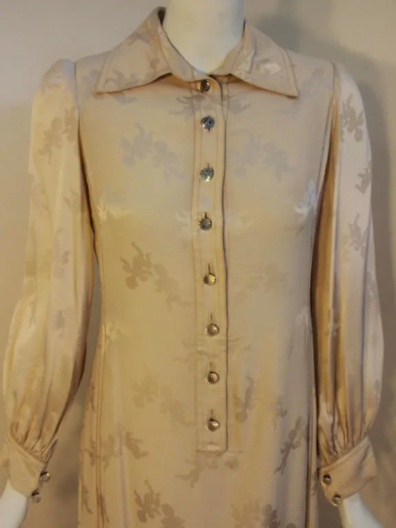 JAMES GALANOS 1970s Cream Silk Cocktail Dress with Angel Print