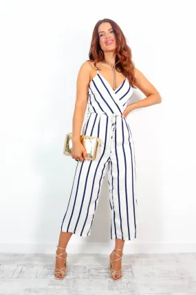 Jump Up The Volume - White Navy Striped Culotte Jumpsuit