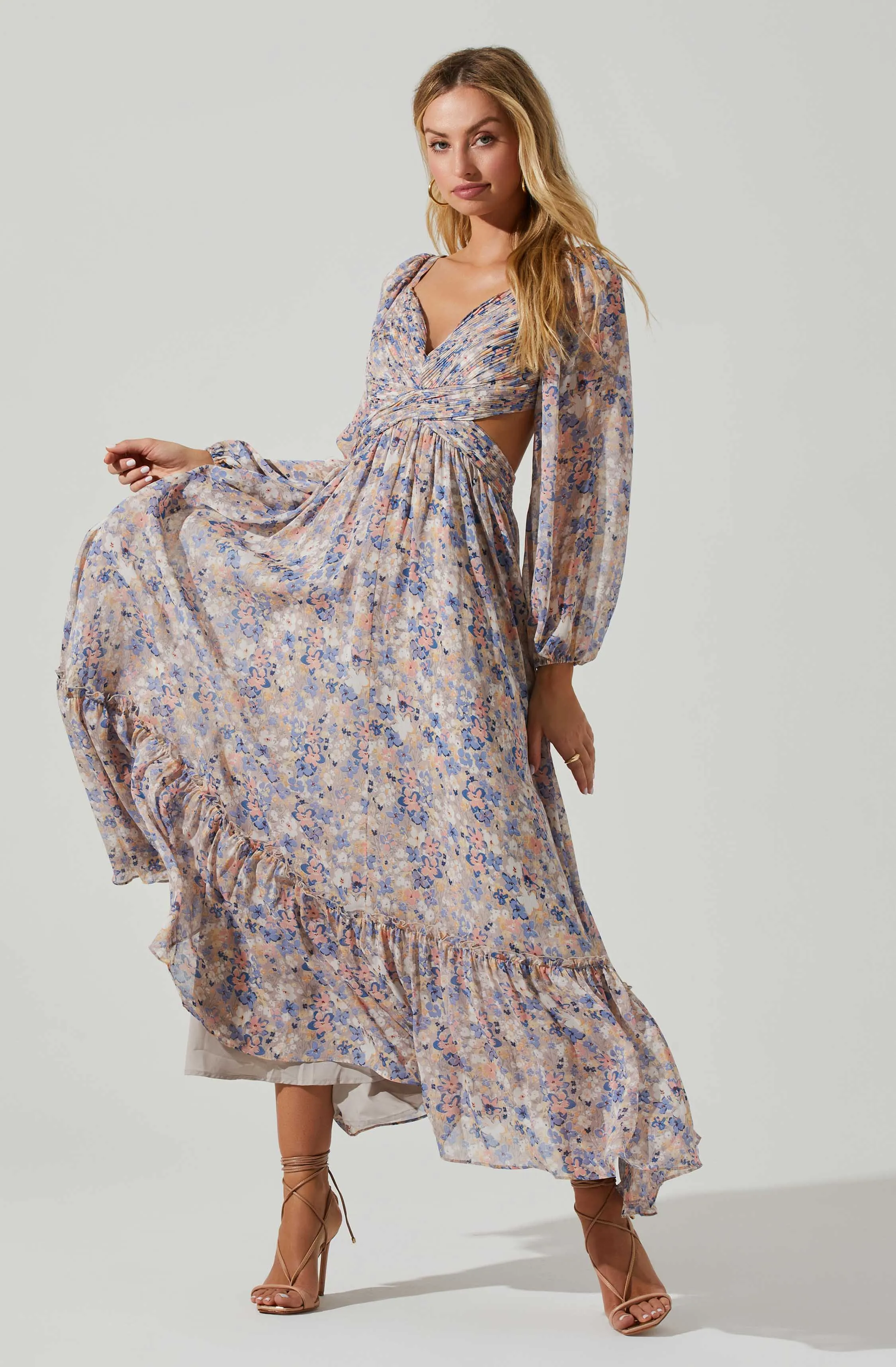 Kammy Floral Open Back Strappy Long Sleeve Maxi Dress