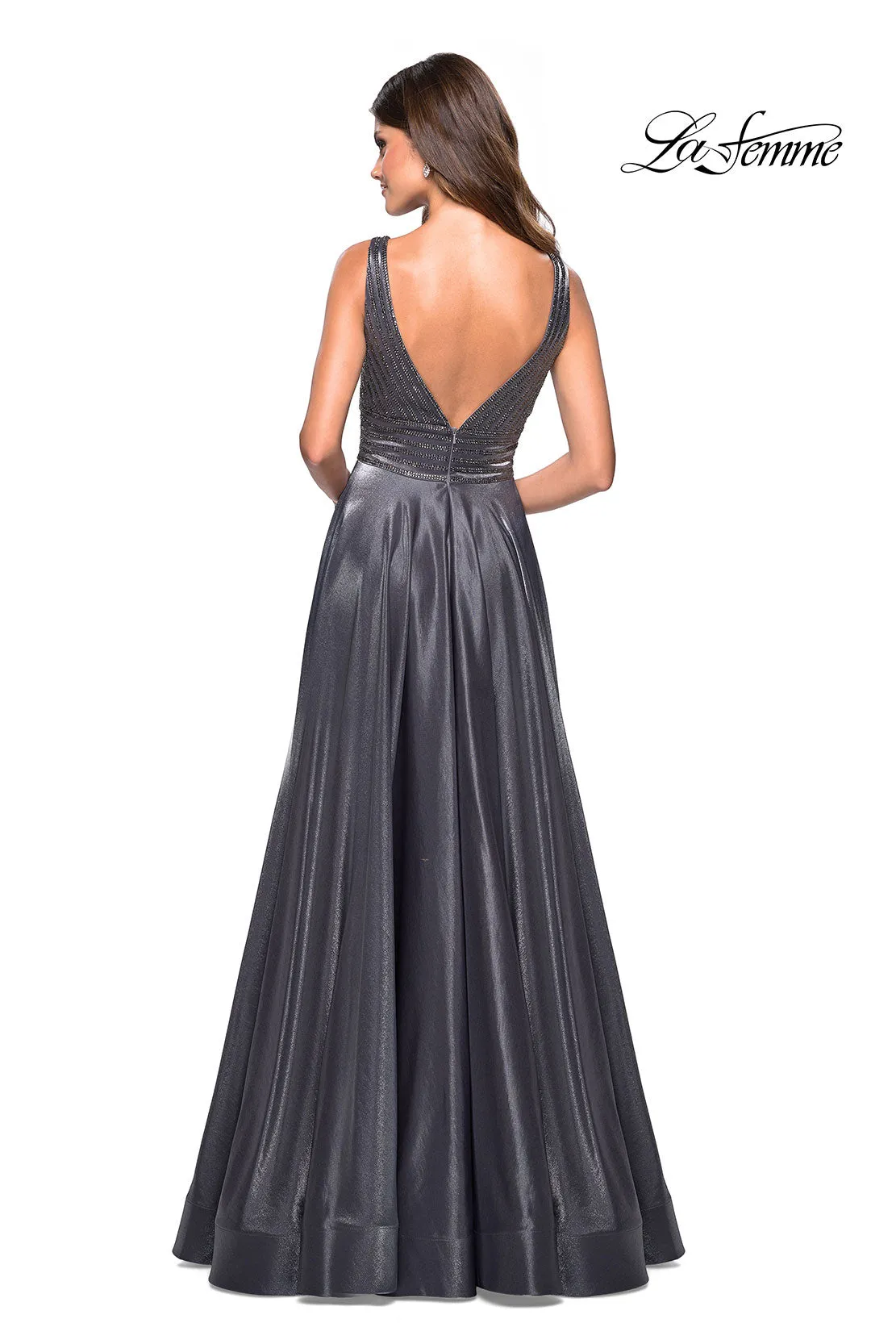 La Femme 27205 Beaded Satin A-Line Gown with Pockets