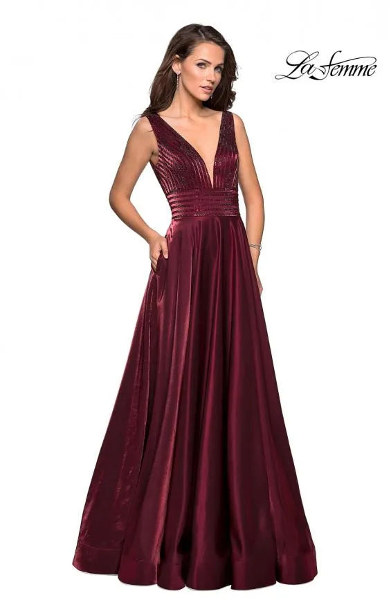 La Femme 27205 Beaded Satin A-Line Gown with Pockets