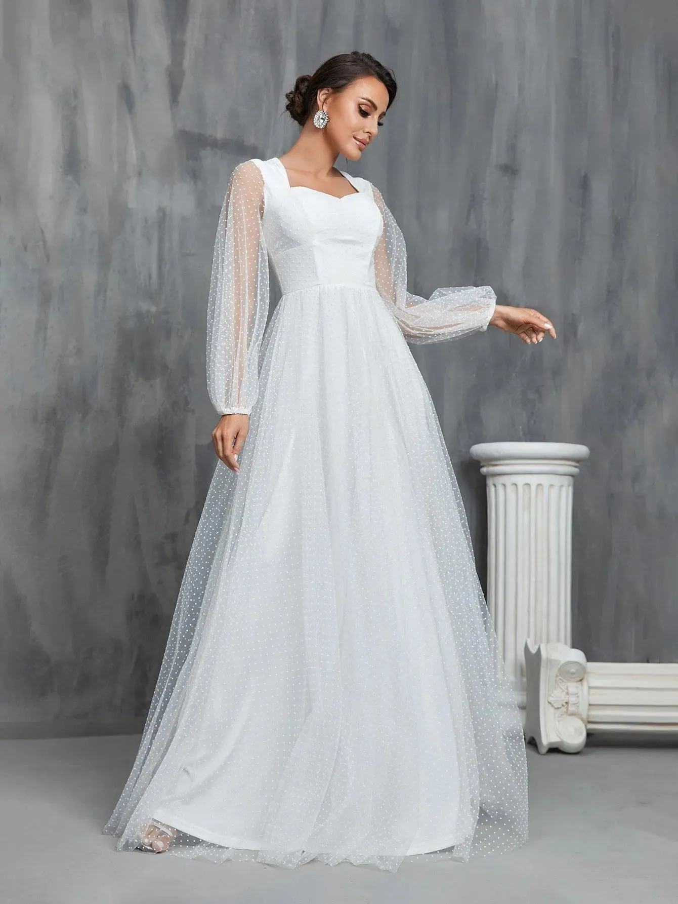 Lantern Sleeves Dobby Mesh Wedding Dress