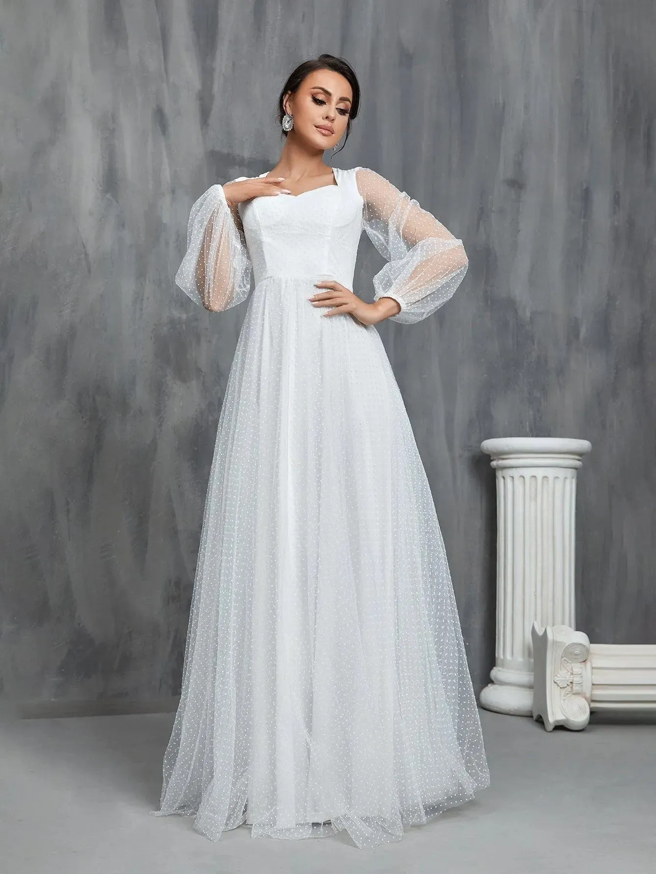 Lantern Sleeves Dobby Mesh Wedding Dress