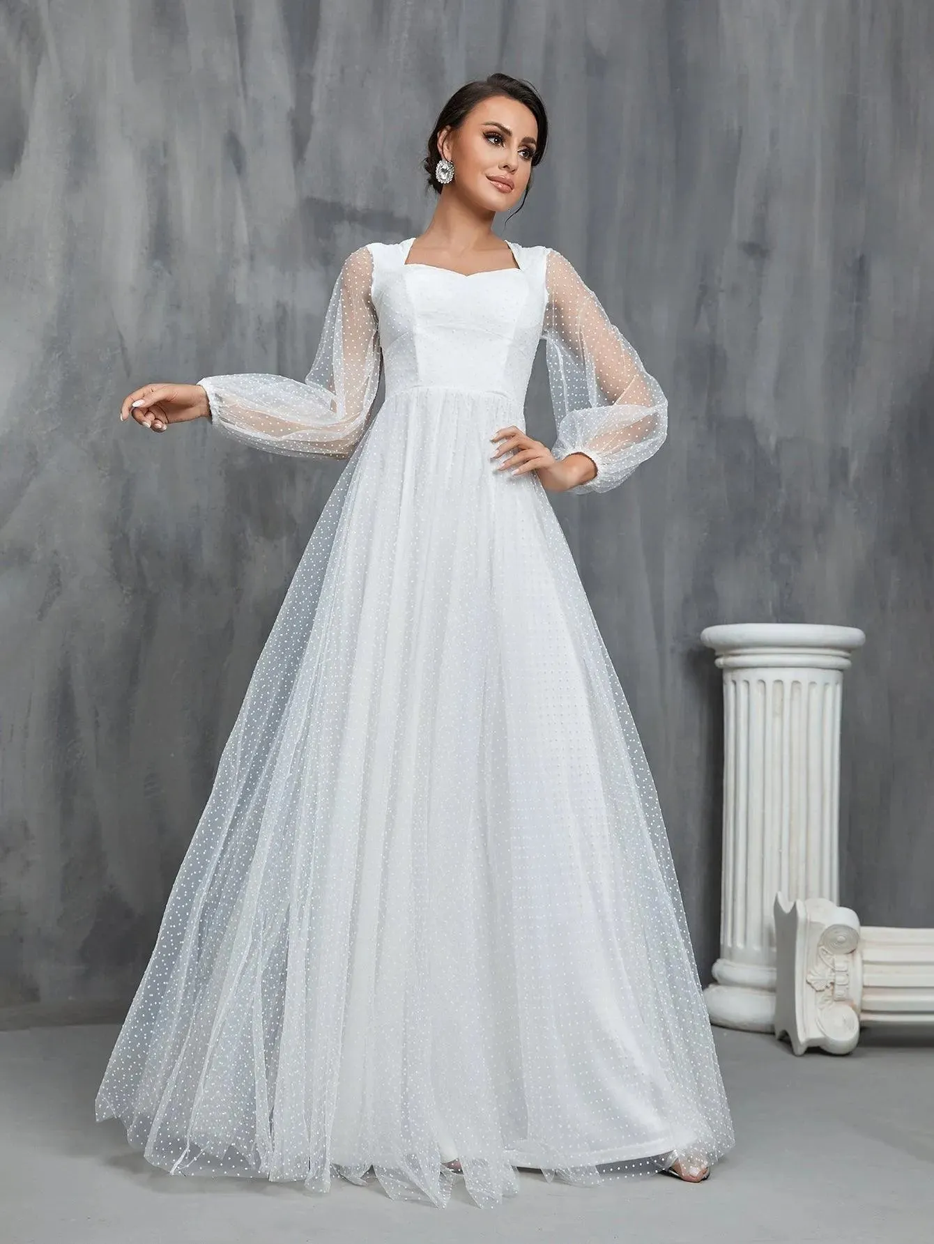 Lantern Sleeves Dobby Mesh Wedding Dress