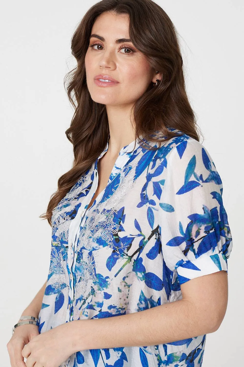 Leaf Print Short Puff Sleeve Shirt