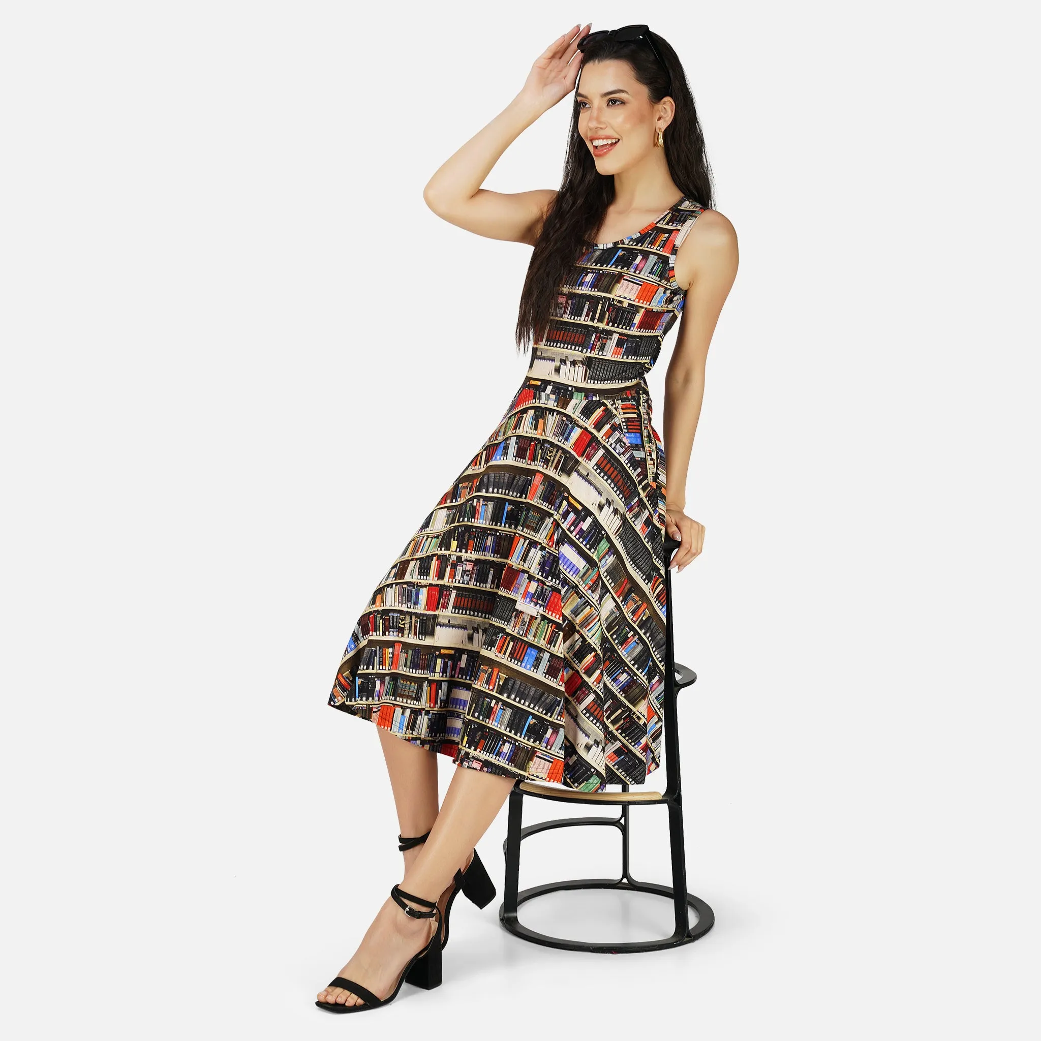 Library Shelves Sleeveless Twirl Dress