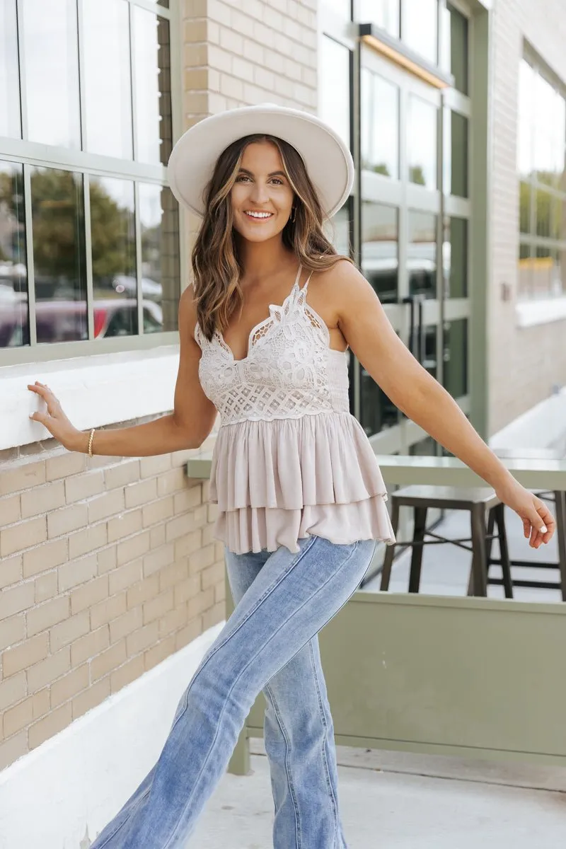 Light Taupe Lace Detail Tank Top - FINAL SALE